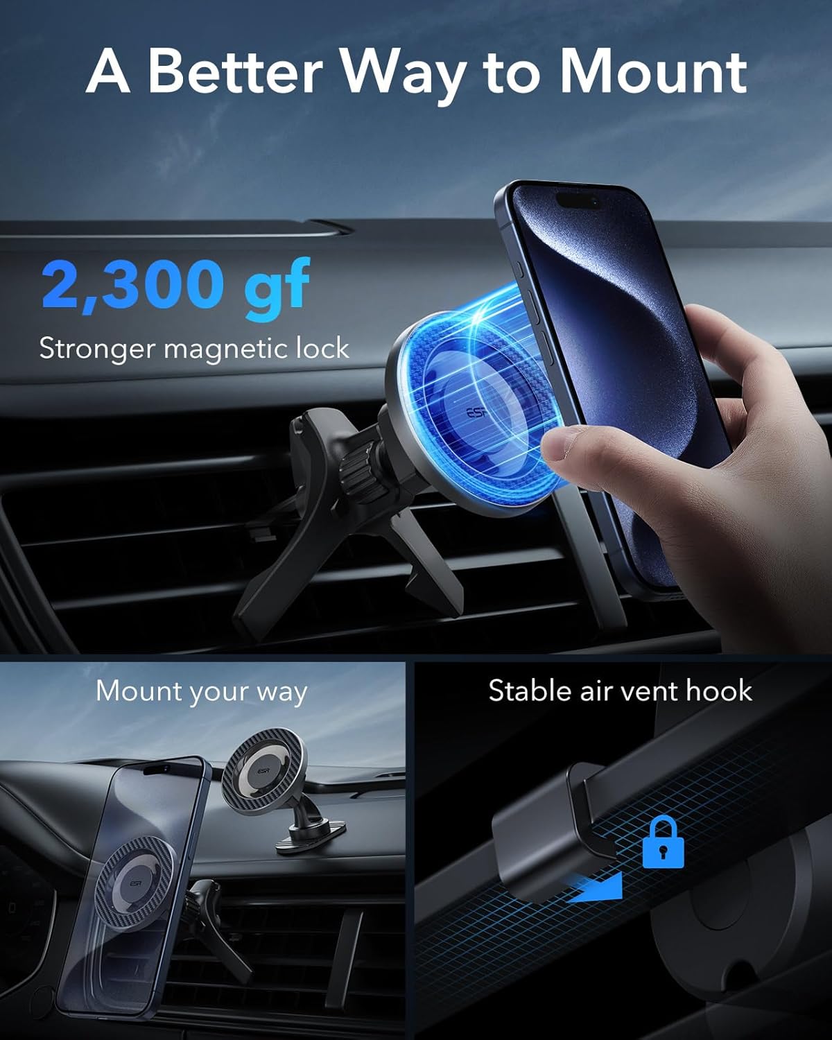 Thumbnail 1 de ESR for MagSafe Car Mount – Magnetic phone holder for air vents and dashboard with 2 metal rings