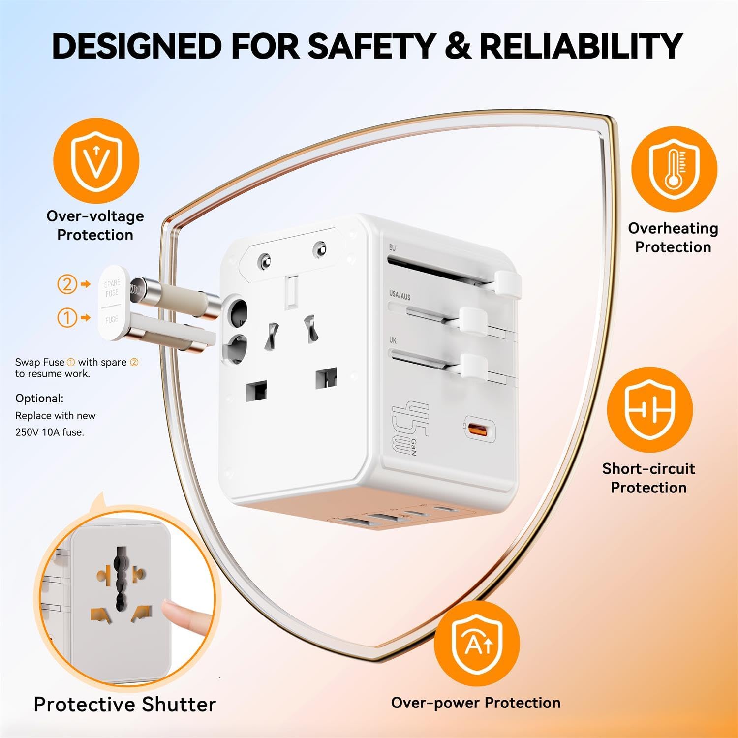 Thumbnail 5 de Auxmir Weltweit Reiseadapter: 45W PD Schnellladen mit 2 USB-A, 3 USB-C und 3 AC-Steckdosen