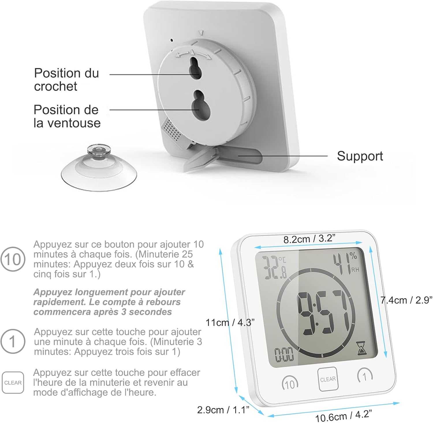 Thumbnail 5 de VORRINC horloge de salle de bain numérique à ventouse avec LCD, température et humidité