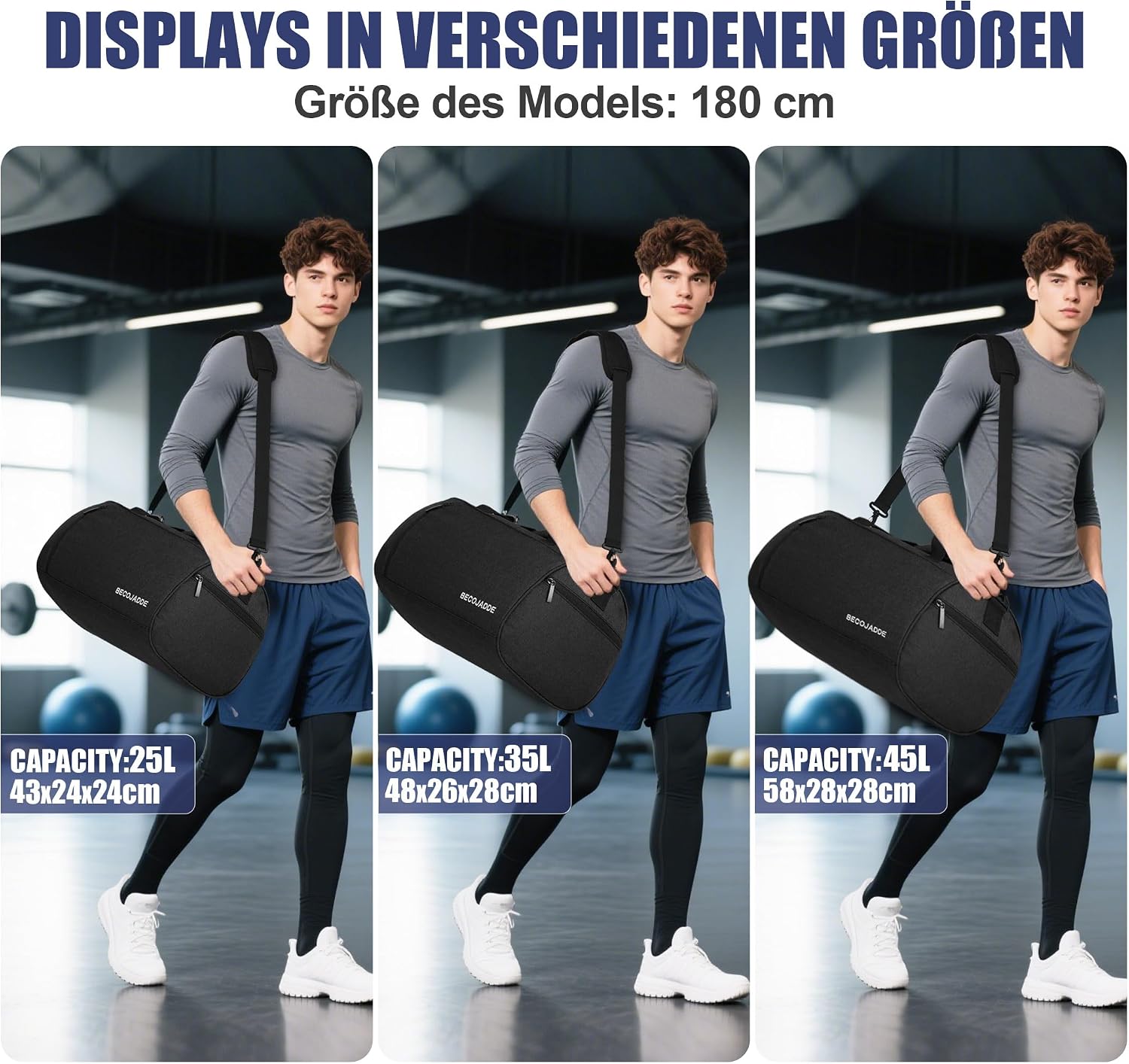 Thumbnail 6 de BECOJADDE Sporttasche 25L – wasserdichte Nass- und Schuhfach-Duffel für Fitness, Reisen und Schwimmen (Schwarz)