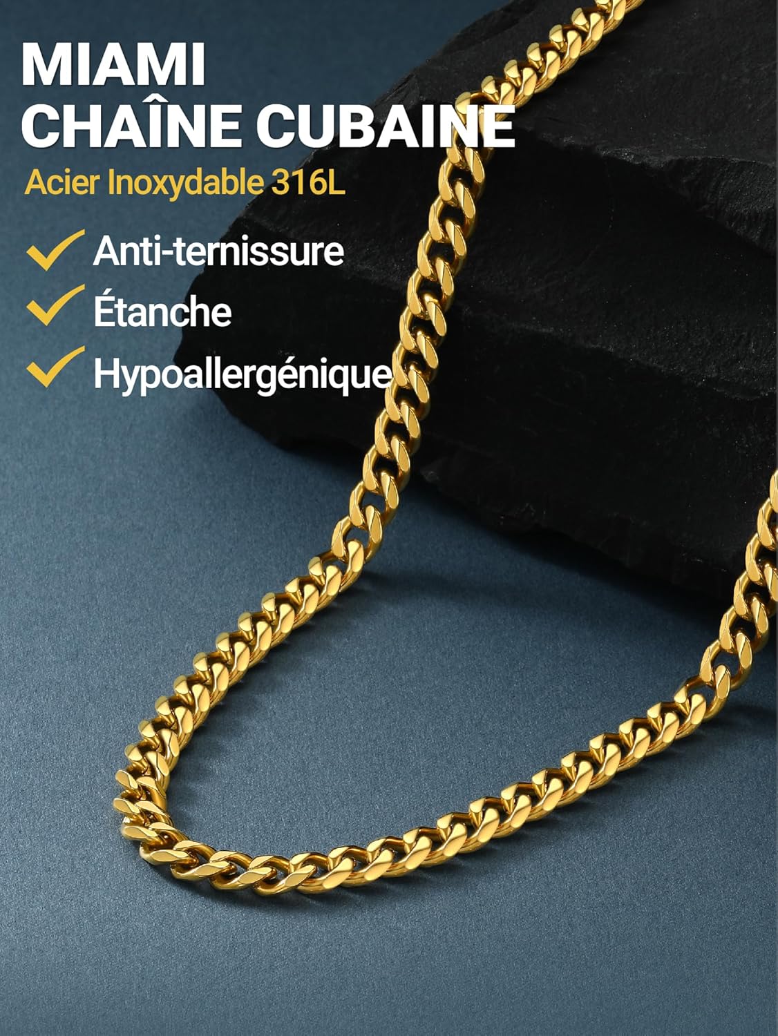 Thumbnail 1 de Collier chaîne cubaine homme PROSTEEL en acier inoxydable / plaqué or, noir mat – largeur 6/9/12 mm