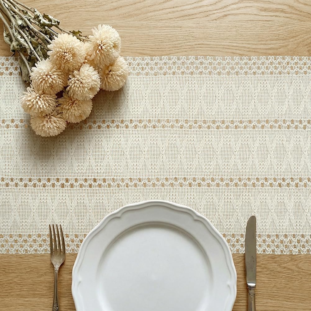 Detalle 2 de AOOTE 6265999 Bohemian Table Runner, 30 x 180 cm, Ivory White