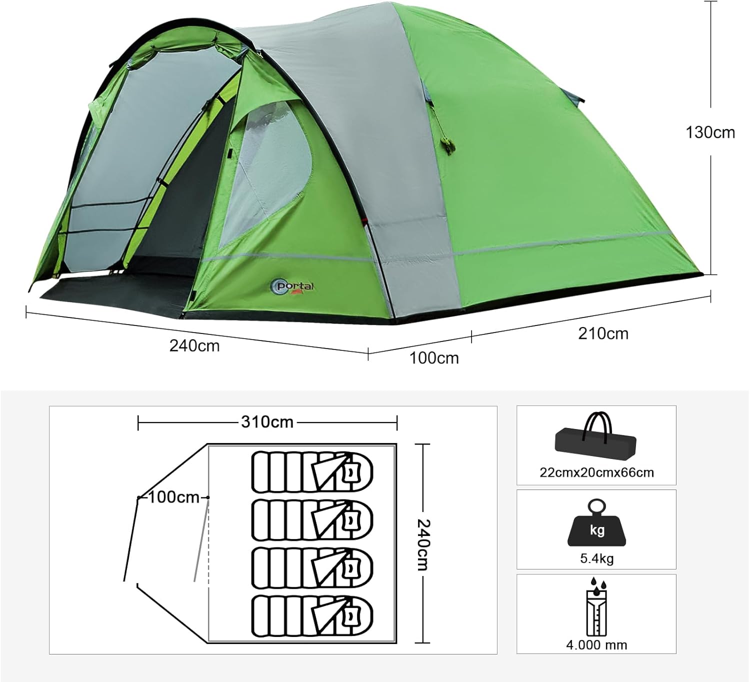 Thumbnail 2 de Portal 3-4 Man Tent with Porch: 4000mm Waterproof Family Dome for Outdoor Camping