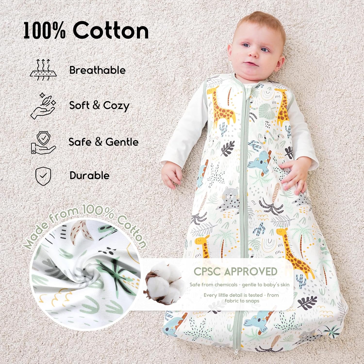 Detalle de Yoofoss Baby Schlafsack Sommer 0,5 Tog – 84 cm, Bio-Baumwolle, GOTS, Giraffe