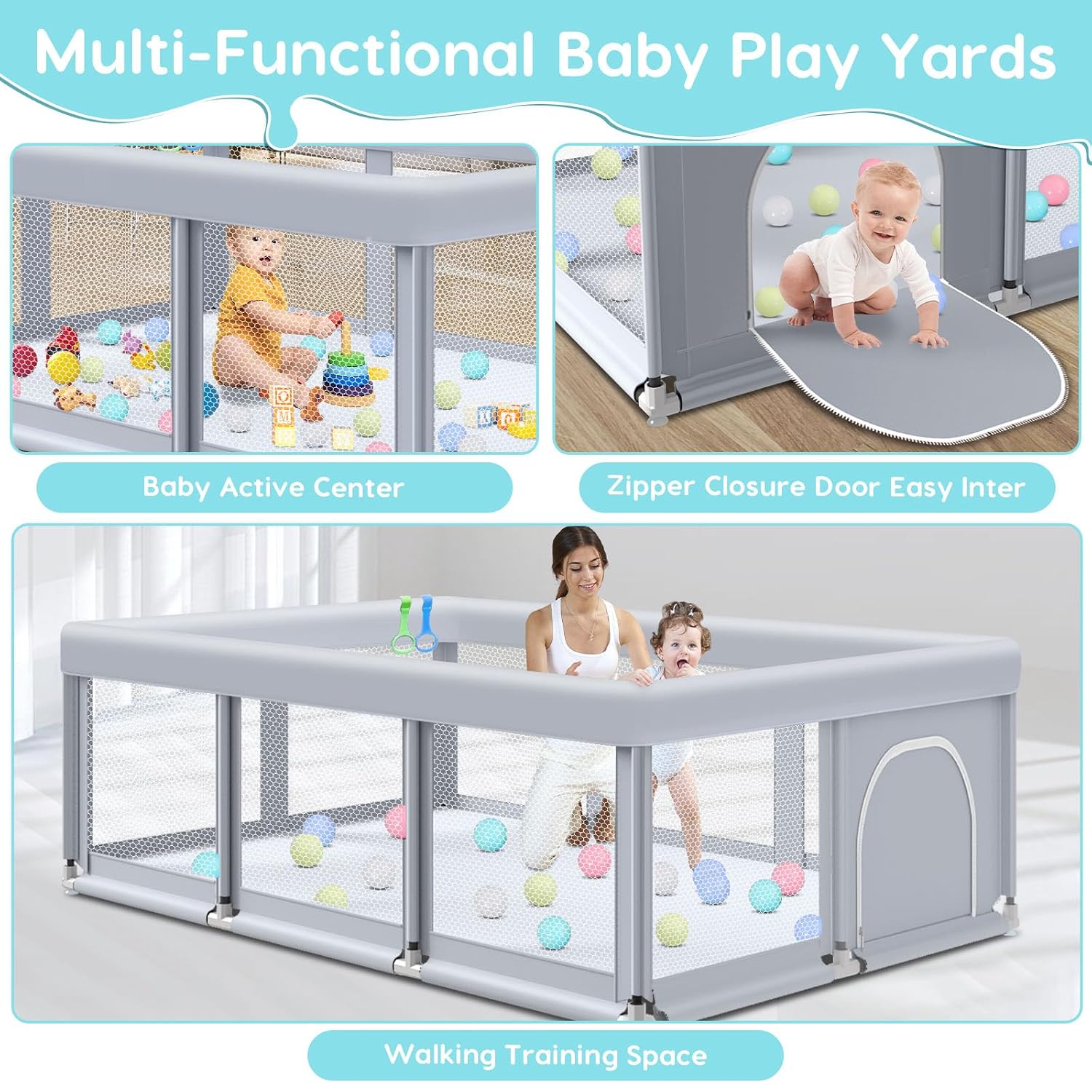Detalle 2 de Fshibila 74" x 50" x 27" Large Baby Playpen with Mesh, 18 Balls & 2 Handles