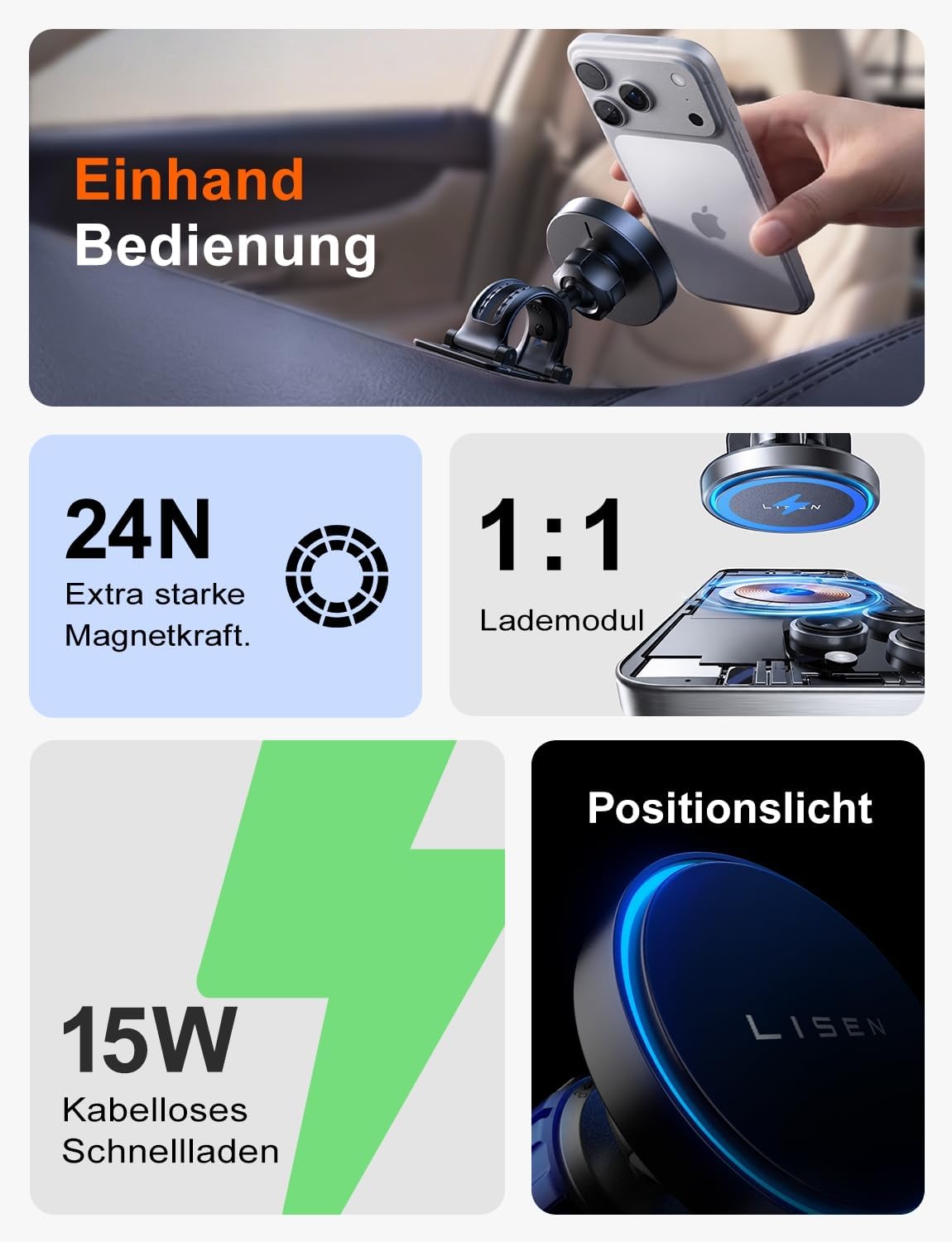 Detalle de LISEN MagSafe Autohalterung 15W Ladegerät fürs iPhone