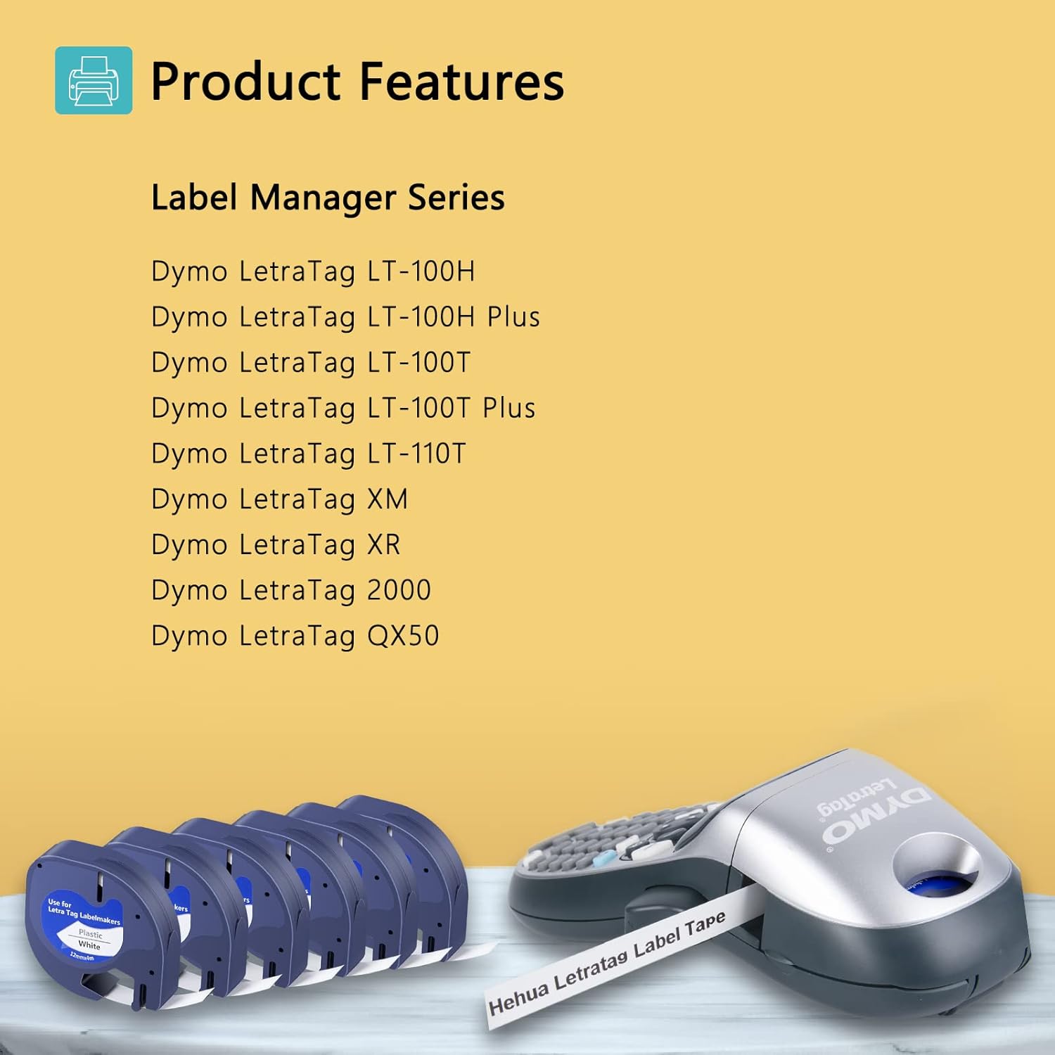 Thumbnail 2 de 6er Pack Hehua LetraTag Etikettenband S0721660: 12 mm x 4 m, schwarz auf weiß (kompatibel für Dymo Letratag)