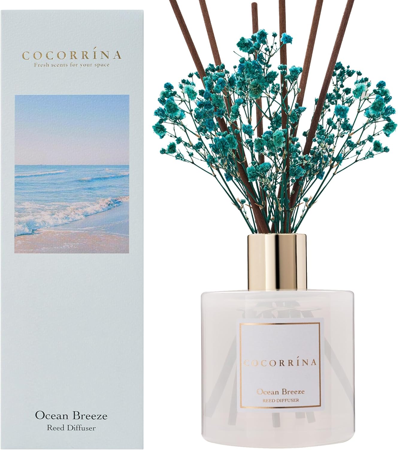 Detalle 2 de COCORRÍNA Ocean Breeze Reed Diffuser – Gardenia, Amber & Cashmere Wood Aroma