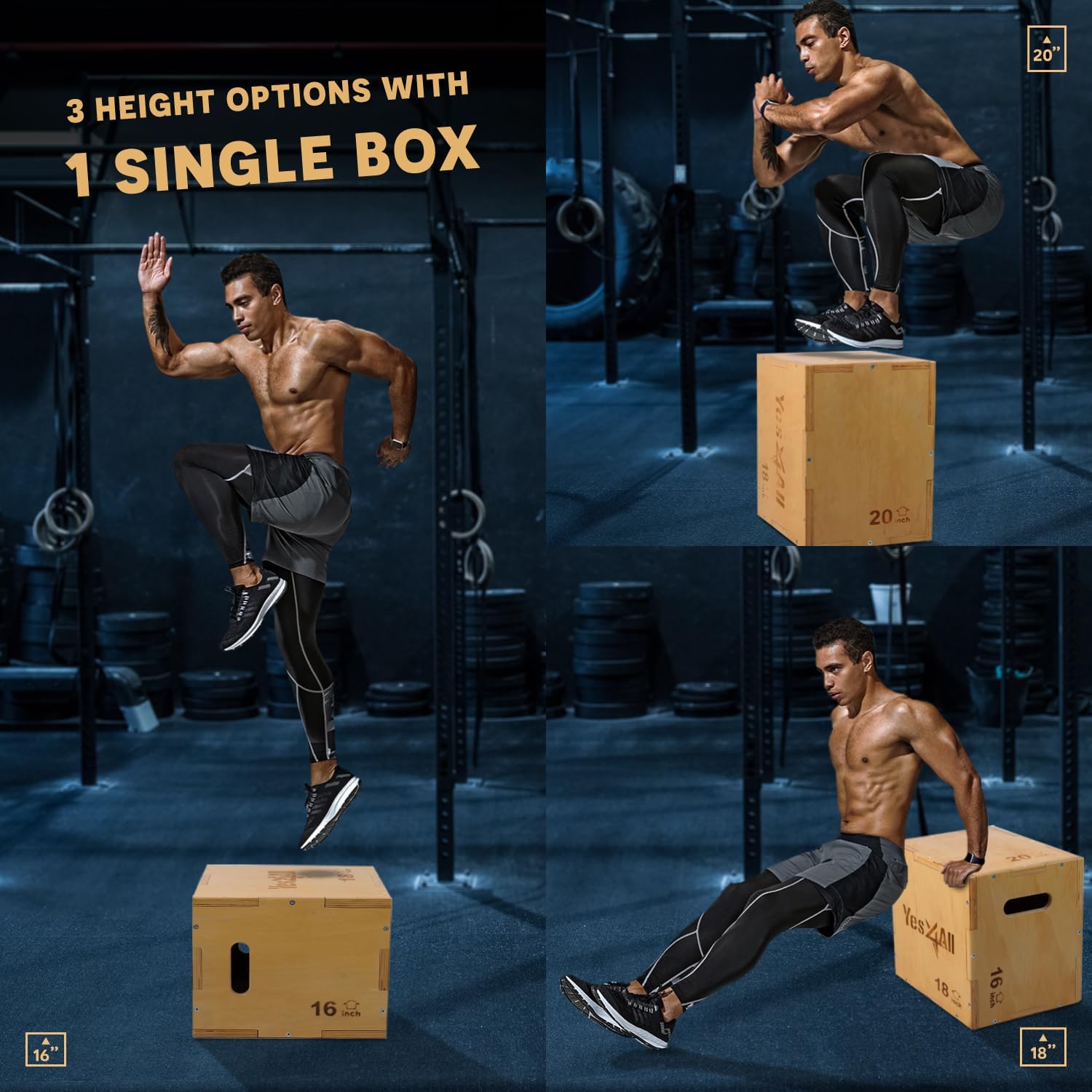 Detalle de Yes4All Scatola Plyo 3 in 1 in legno antiscivolo – scatola pliometrica per palestra domestica e allenamento all'aperto