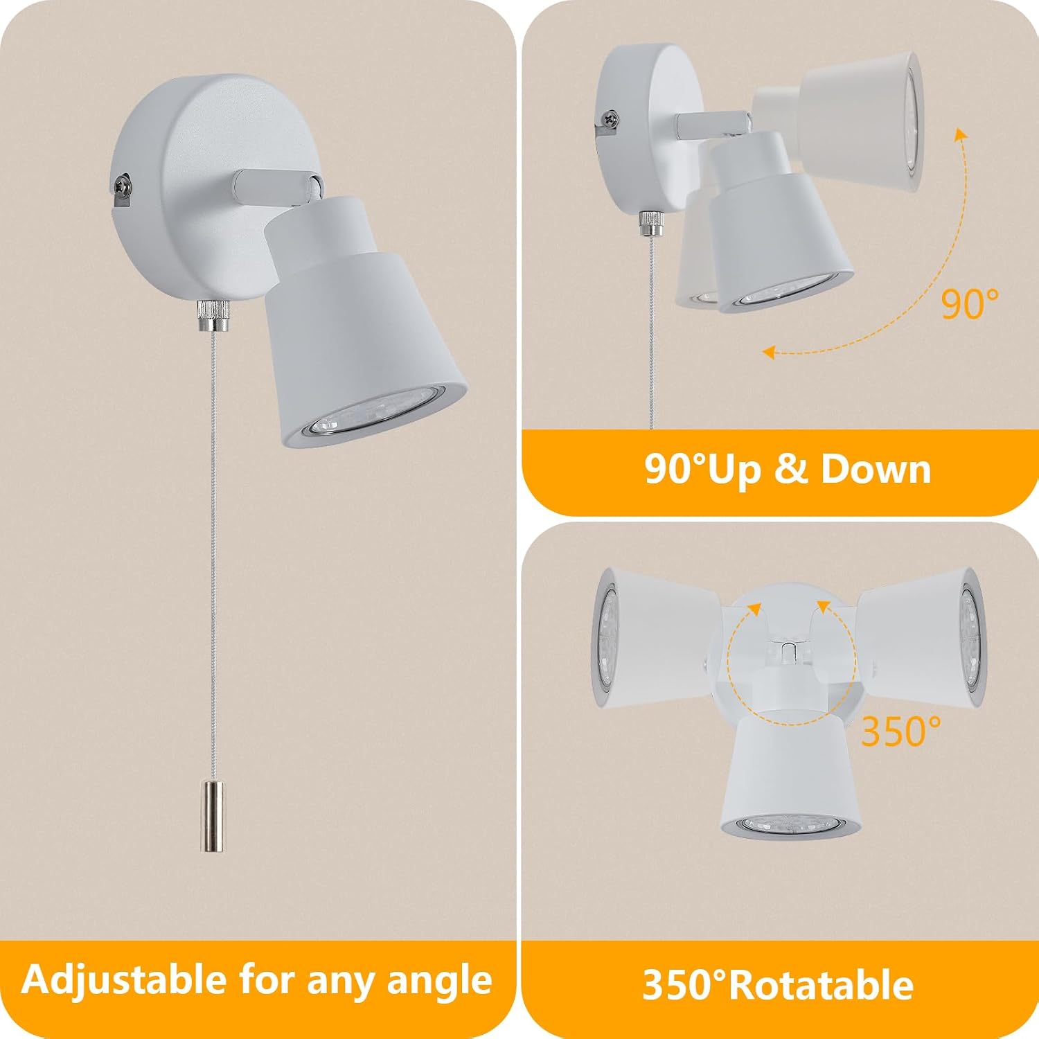 Thumbnail 3 de TaFiCo DK0076 witte wandlamp met GU10-fitting en trekschakelaar