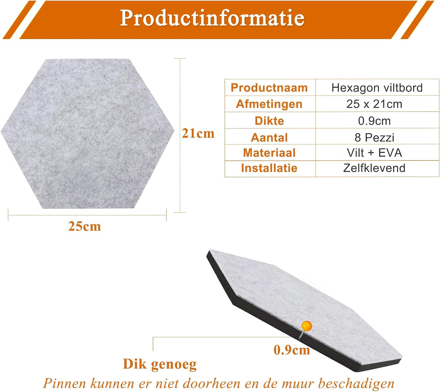 Detalle 2 de HULAVO ED-HFB-Black vilten prikbordtegels, 8 zwarte zeshoeken