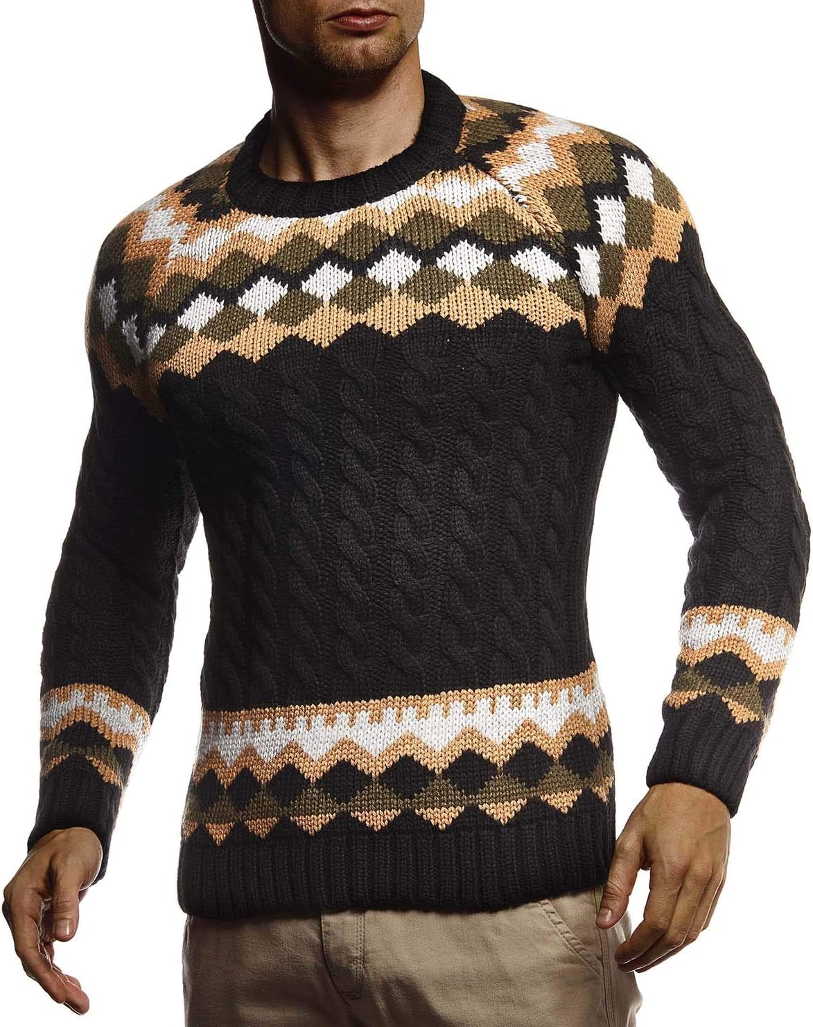 Detalle de Leif Nelson LN20757 pull norvégien en tricot homme à col rond, motif nordique et coupe ajustée