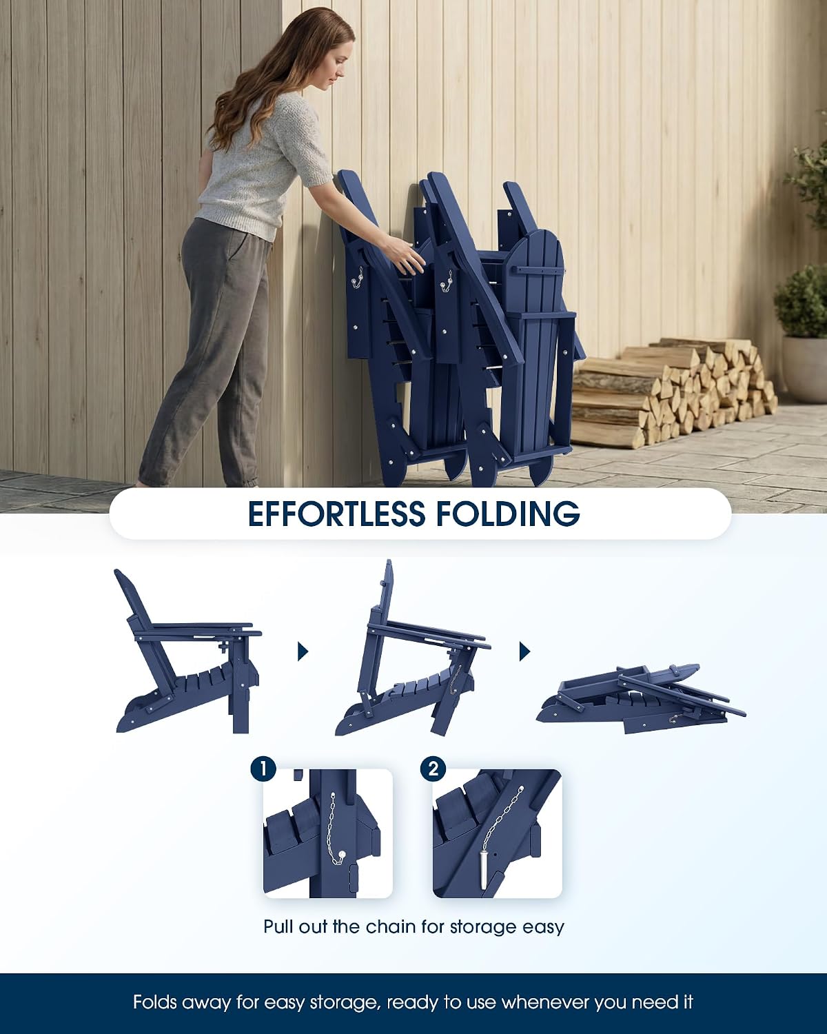 Detalle 2 de MUCHENGHY Folding Adirondack Chair Set of 2, Dark Navy HDPE, Cup Holder