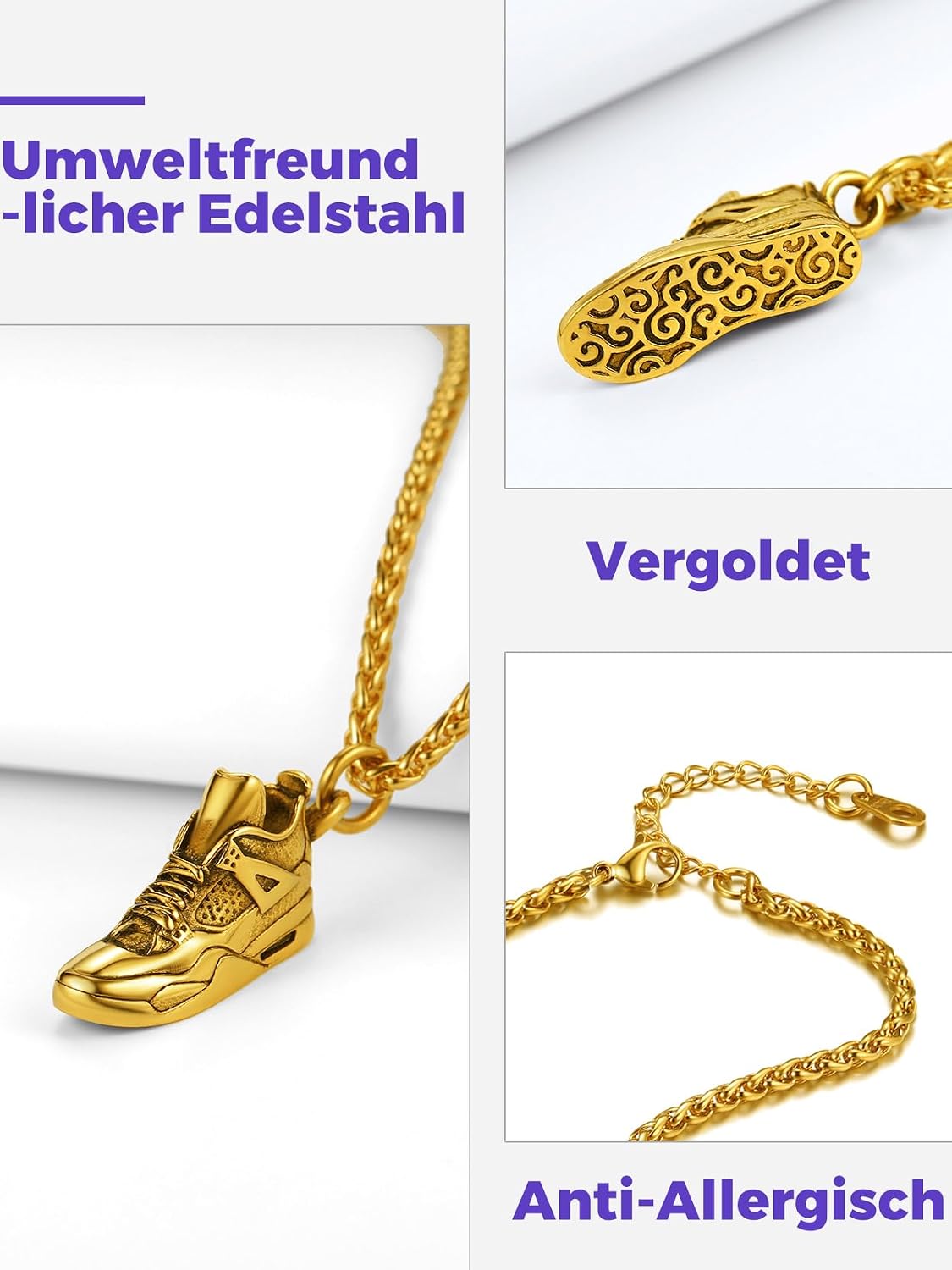 Detalle 2 de Richsteel Kettenanhänger aus 316L Edelstahl mit Sportschuh-Anhänger – Silber/18k vergoldet, Herren & Jungen