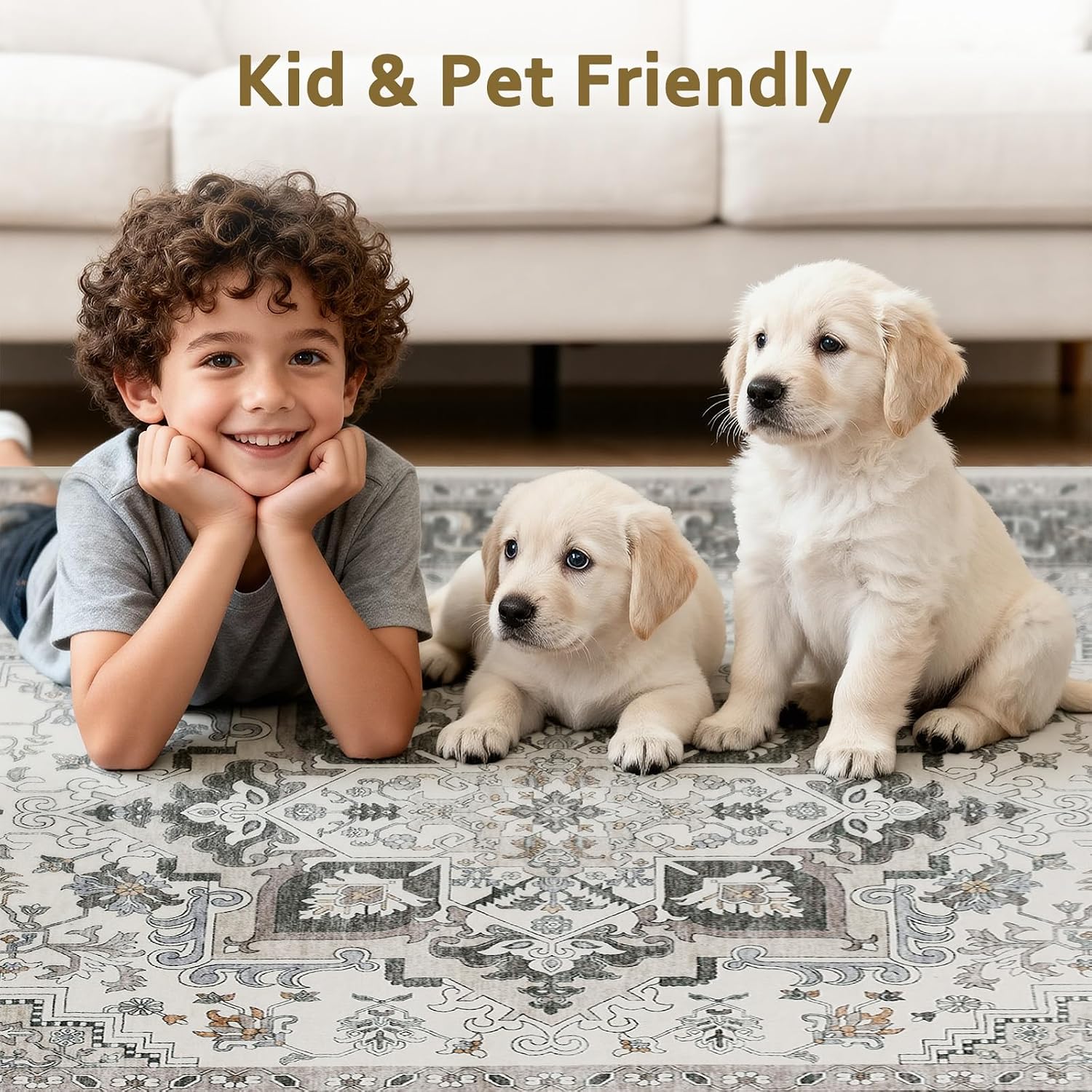 Detalle 2 de WEZVIX 6' x 9' Vintage Area Rug, Low-Pile Taupe with Rubber Backing