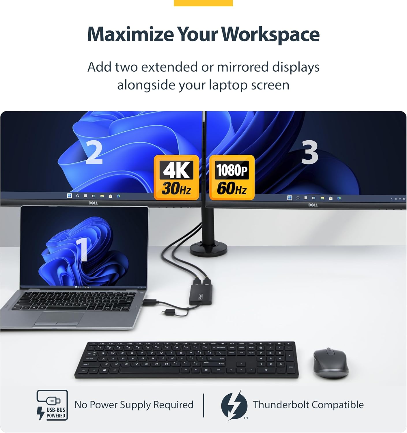 Thumbnail 2 de StarTech USB-A and USB-C to Dual HDMI Adapter (4K30 + 1080p) — USB 3.0, 2 Displays, Windows/ChromeOS/Ubuntu