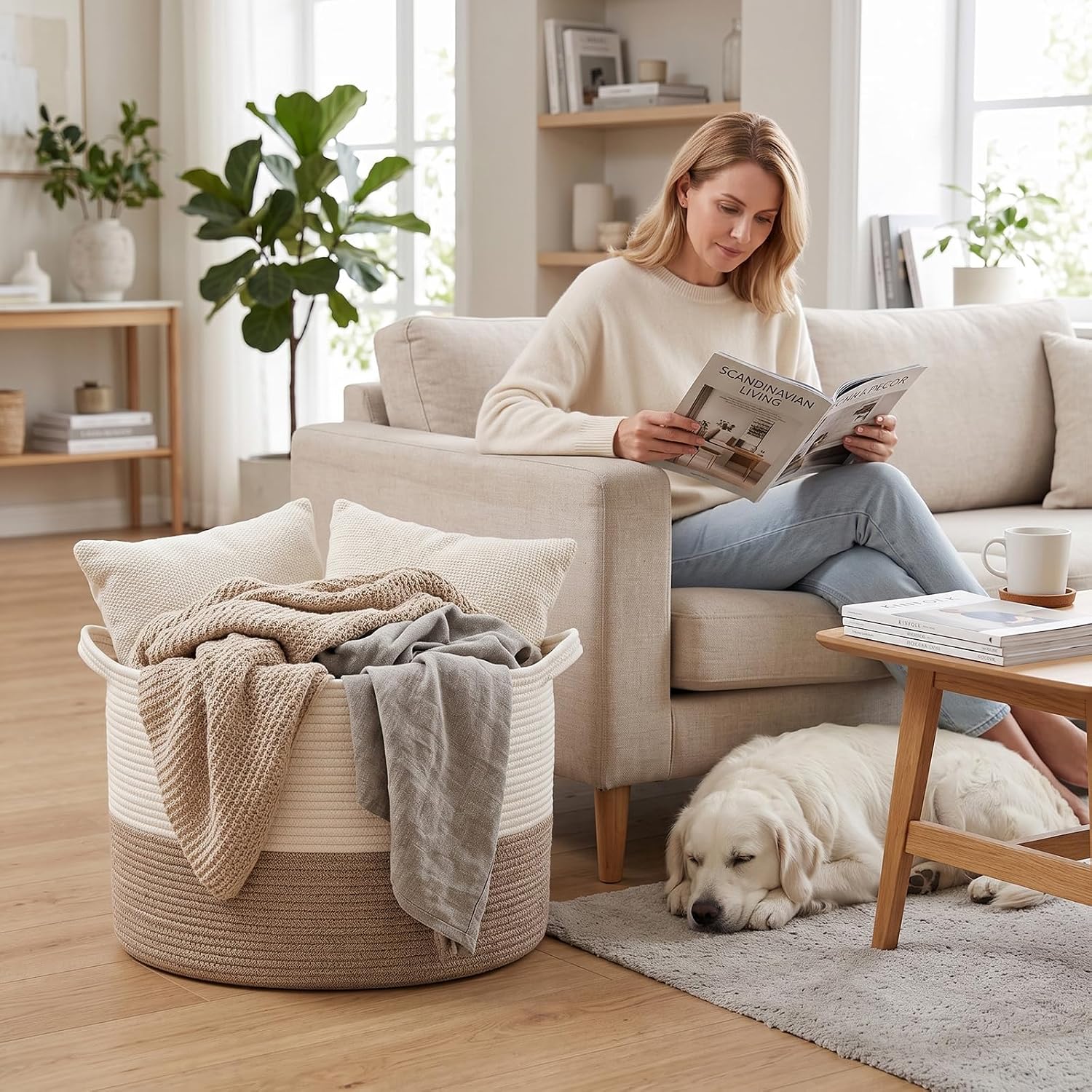 Thumbnail 3 de HZFTJOY 65L Large Blanket Basket (19.7 in x 19.7 in x 13 in) Rope Woven Storage Bin with Handles
