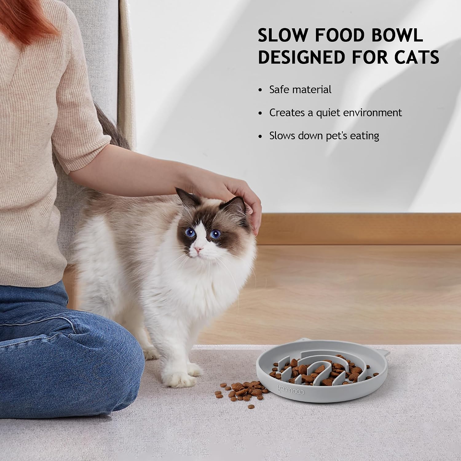 Detalle de Coomazy Anti Schling Napf für Katzen – Silikon Slow Feeder, rutschfeste Schlingschale in Grau