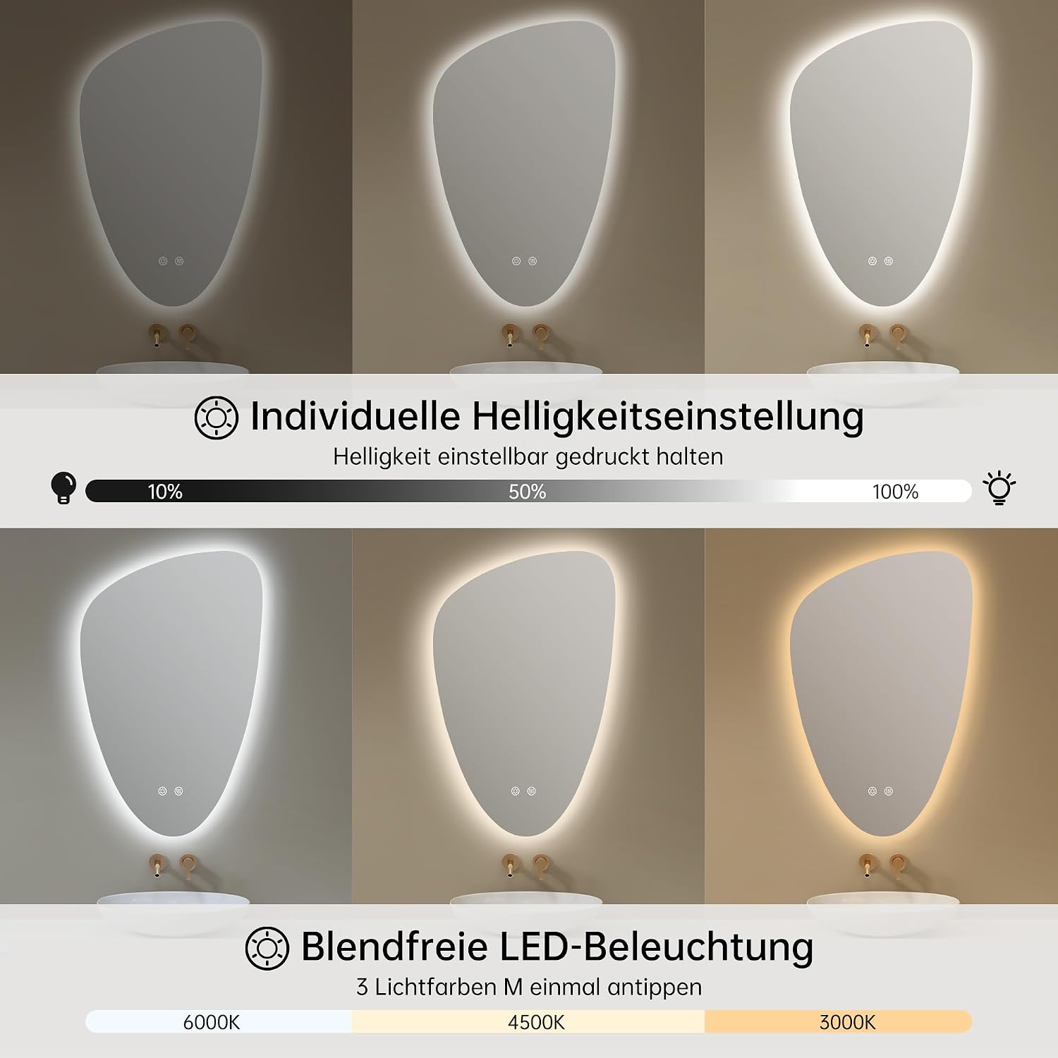 Detalle de OUMUSU Badspiegel mit Beleuchtung 50 x 78 cm – dimmbar, berührungssensitiv, entnebelungsfähig