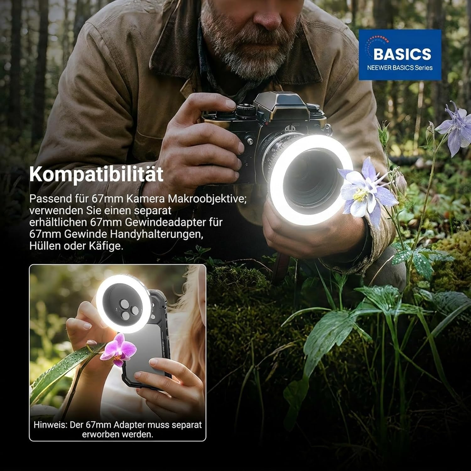 Thumbnail 1 de NEEWER BASICS 67mm Ringlicht – kompakter, wiederaufladbarer LED-Ring für 67mm Objektive und Smartphone-Halterungen