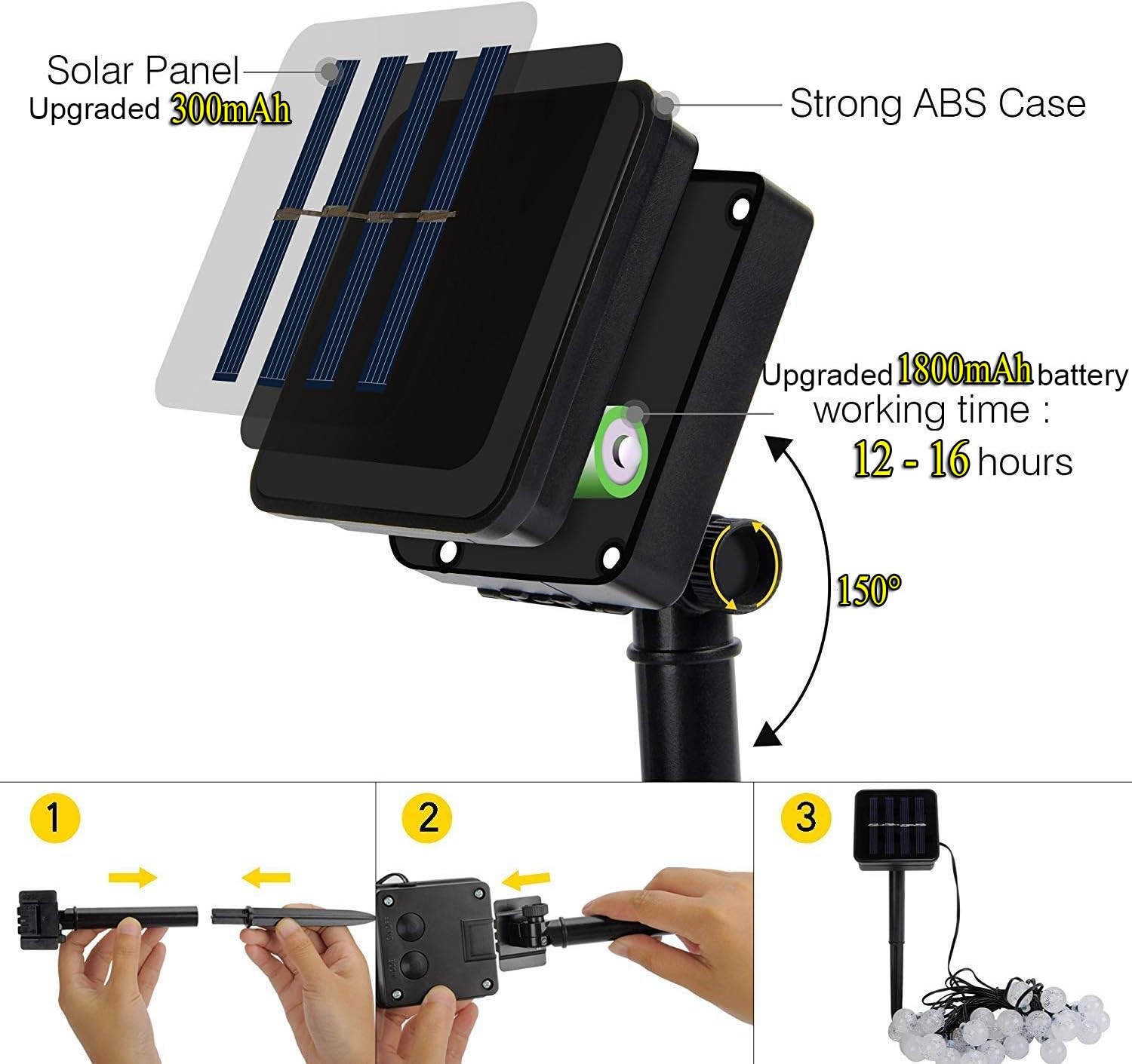 Thumbnail 6 de iihome 60 LED Solar Garden Lights (36ft) waterproof crystal ball string lights – warm white