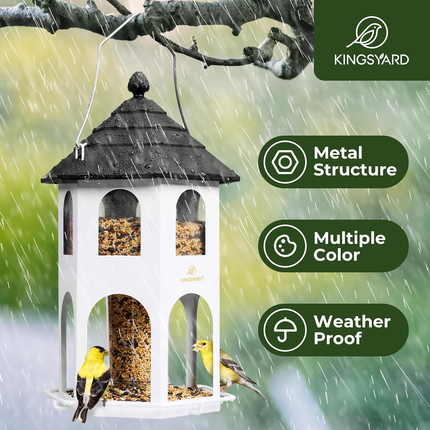 Detalle de Kingsyard metal bird feeder for outdoor hanging (white) with circular perch and 4 lbs capacity
