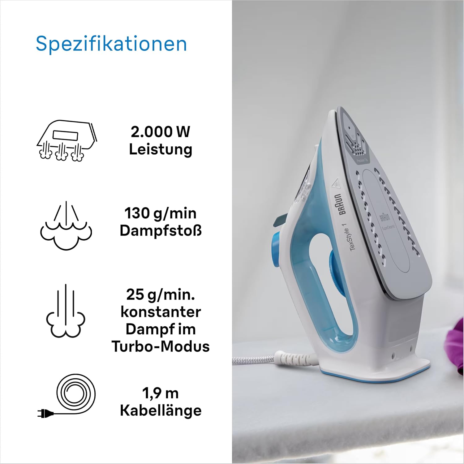 Thumbnail 3 de Braun TexStyle 1 Dampfbügeleisen SI 1050BL – 2000 W, SuperCeramic Bügelsohle, Vertikaldampf, 220 ml