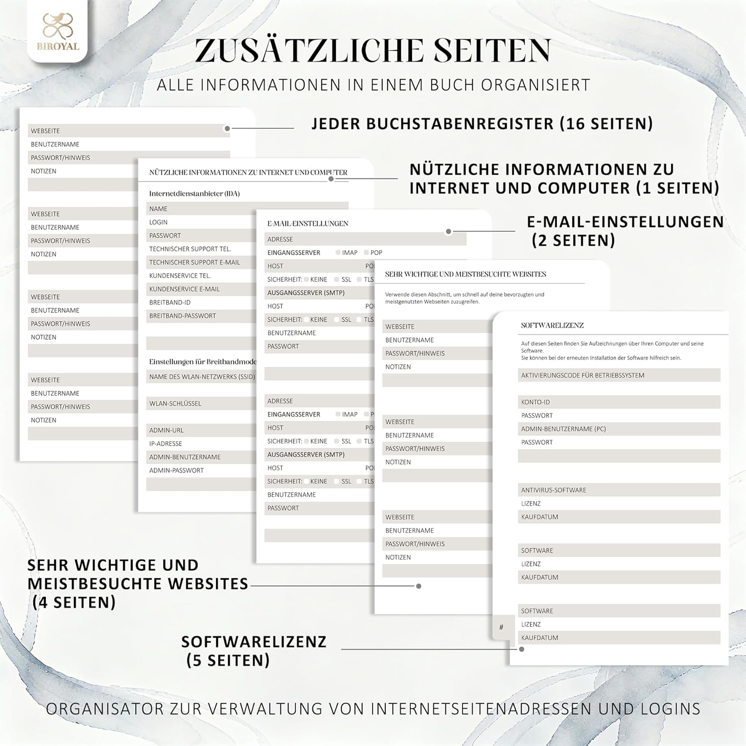 Thumbnail 2 de BIROYAL Passwort Buch Deutsch (A5) mit Register A–Z – Hardcover Notizbuch für Websites, Benutzernamen & Passwörter