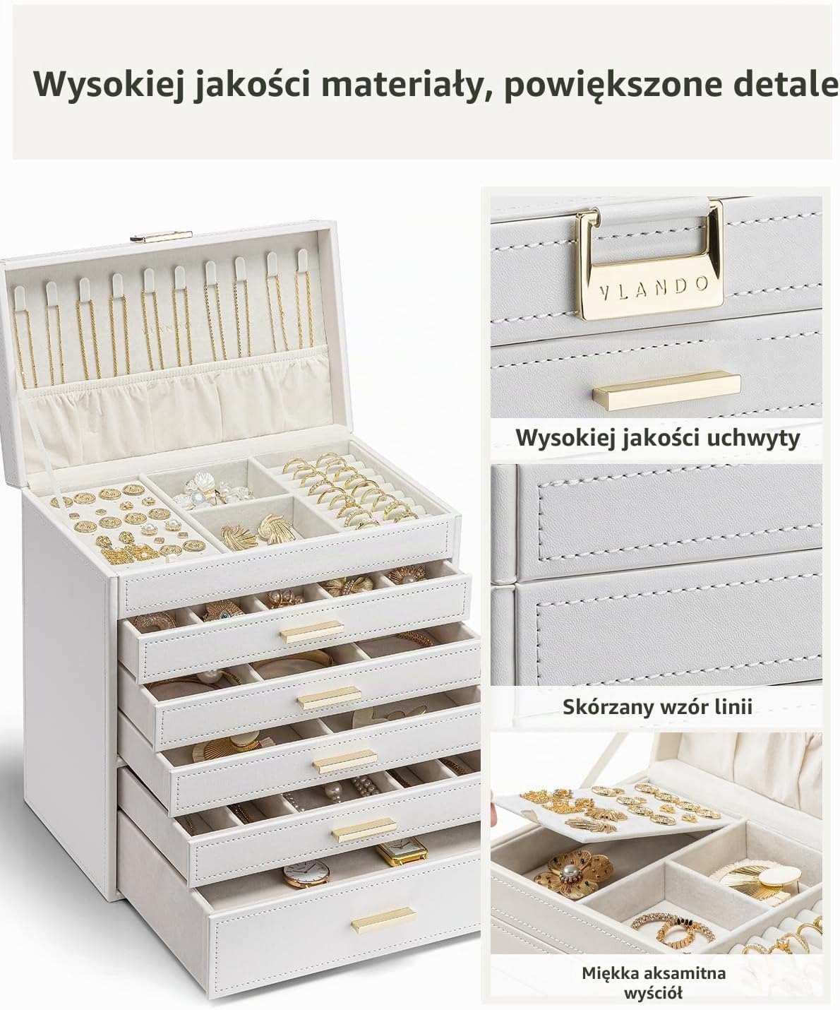 Detalle de Vlando 6-warstwowy organizer na biżuterię z regulowanymi przegródkami