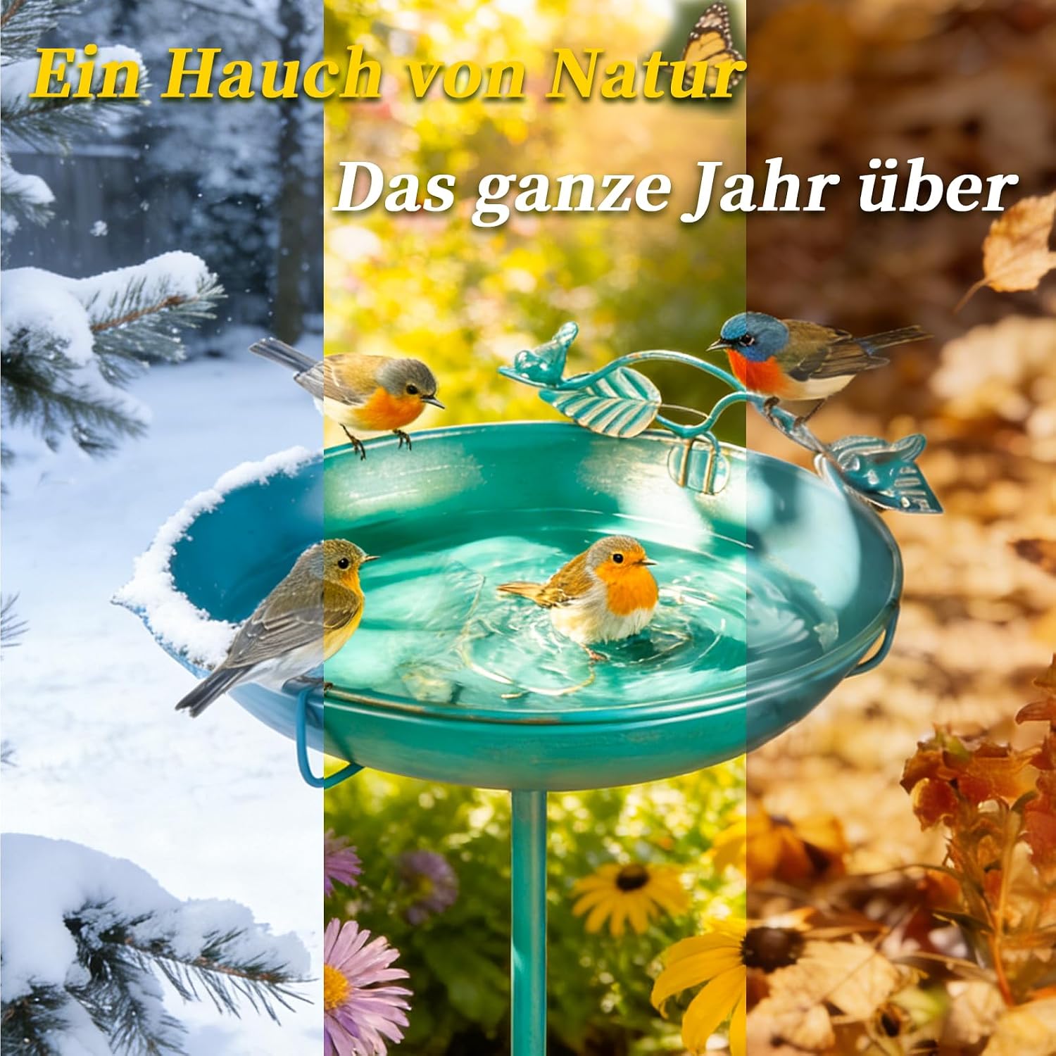 Detalle 2 de Mellbree Vogeltränke Stehend – Großes Vogelbad mit Sitzstange (30 cm) aus Metall, Seeblau mit Goldverzierungen