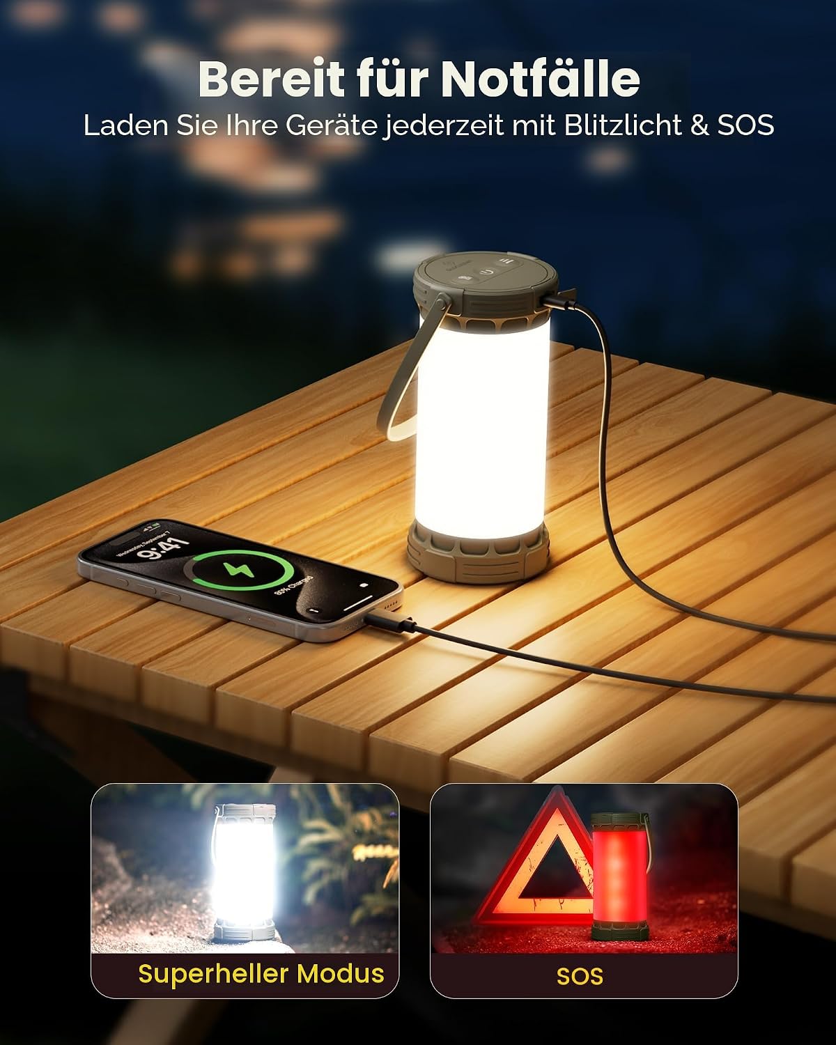 Detalle de Glocusent Campinglampe & Zeltlampe: 1500 lm, 135 LED, 200 Stunden Laufzeit, 5000 mAh, USB-C, 3 Farben, SOS – kompakt und robust