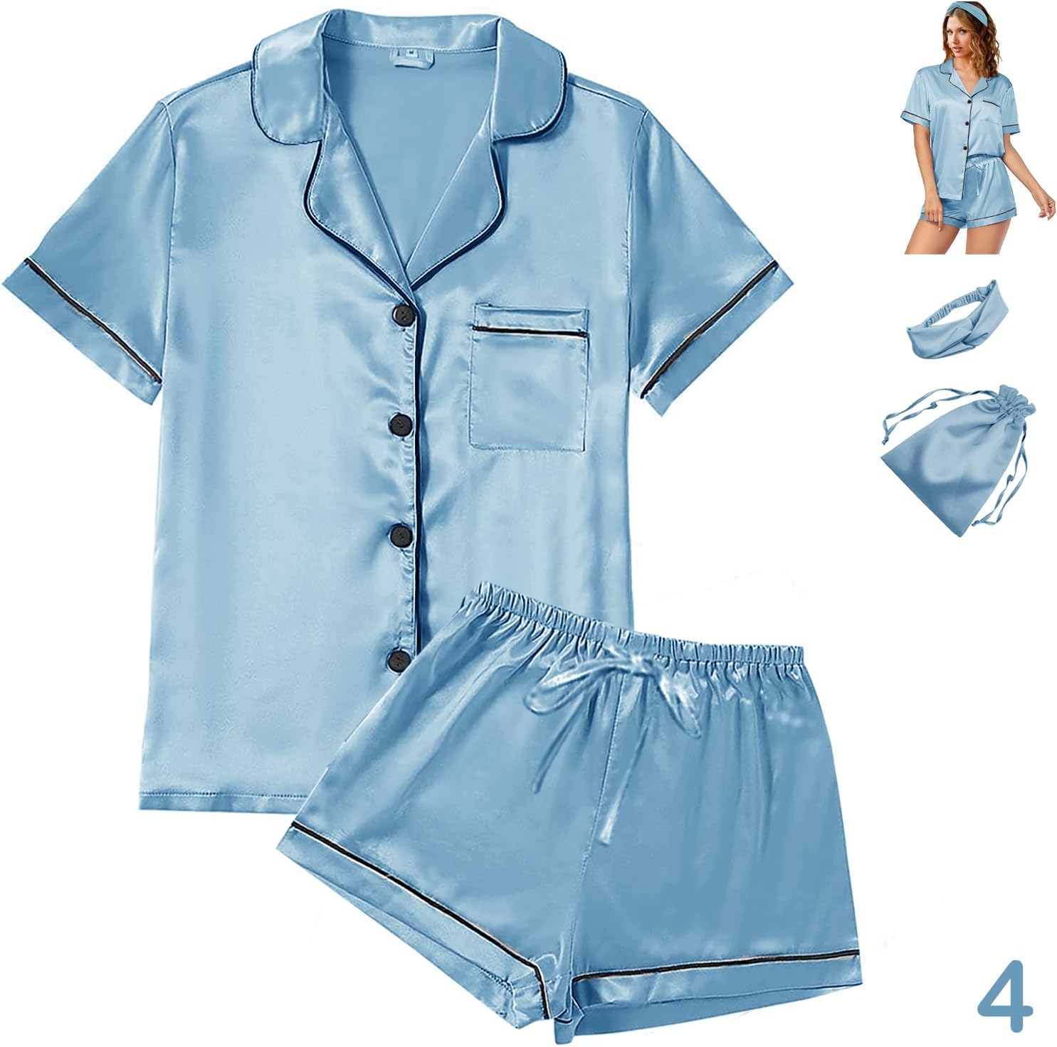 Thumbnail 4 de WJing Yi Jia 4Pcs Women's Satin Silky Pajama Set with Floral Pattern