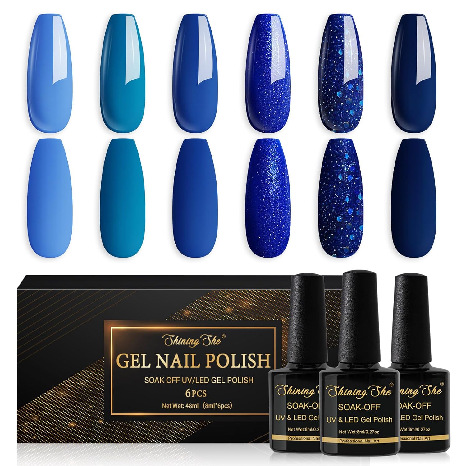 Detalle de Shining She UV-Gel Nagellack Set Grün mit 6 Farben (Glitzergrün & Dunkelgrün), 8 ml pro Flasche