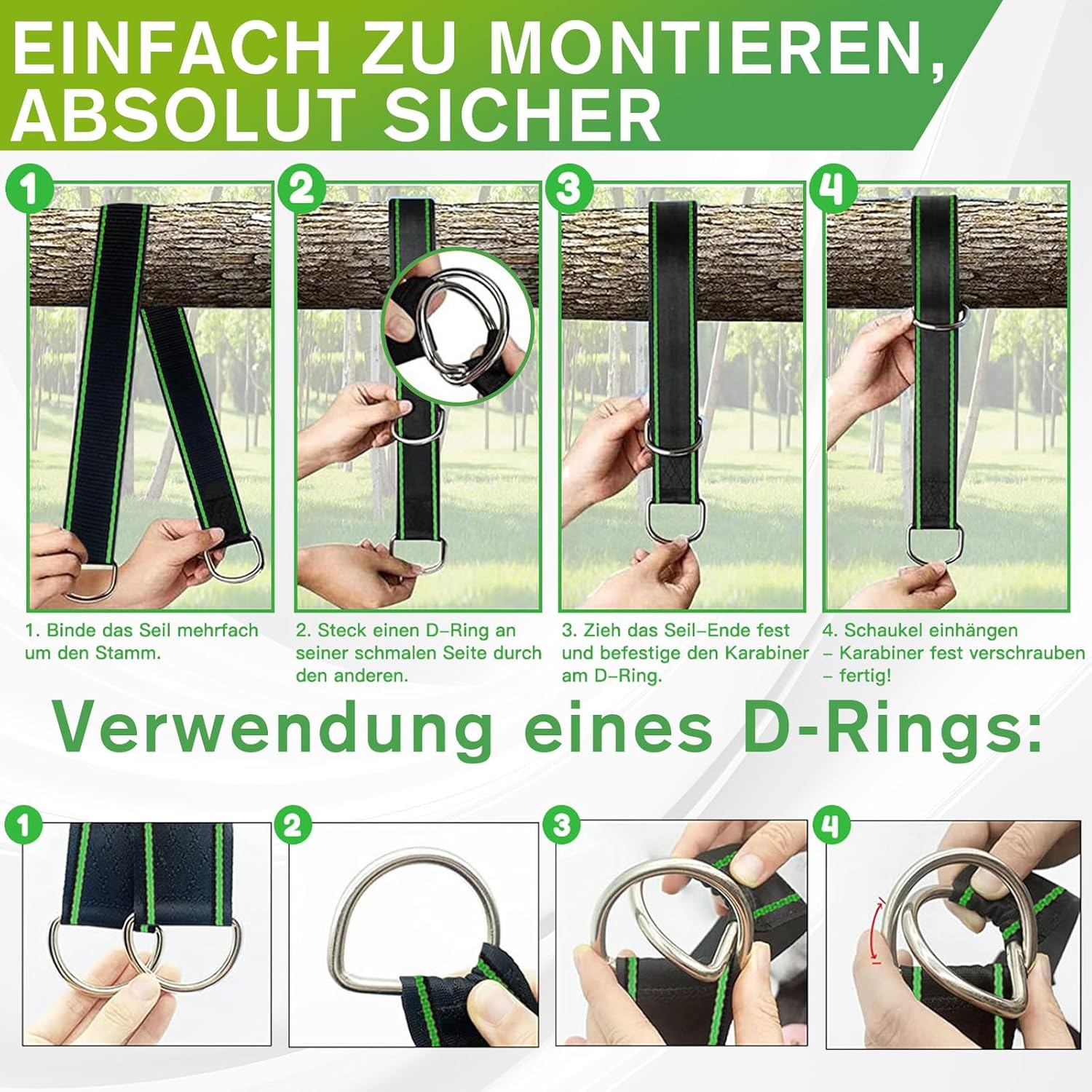 Thumbnail 3 de Viomis Schaukel- & Hängematten-Befestigungsset mit 150 cm Gurten (900 kg) – Komplettpaket für Garten & Outdoor