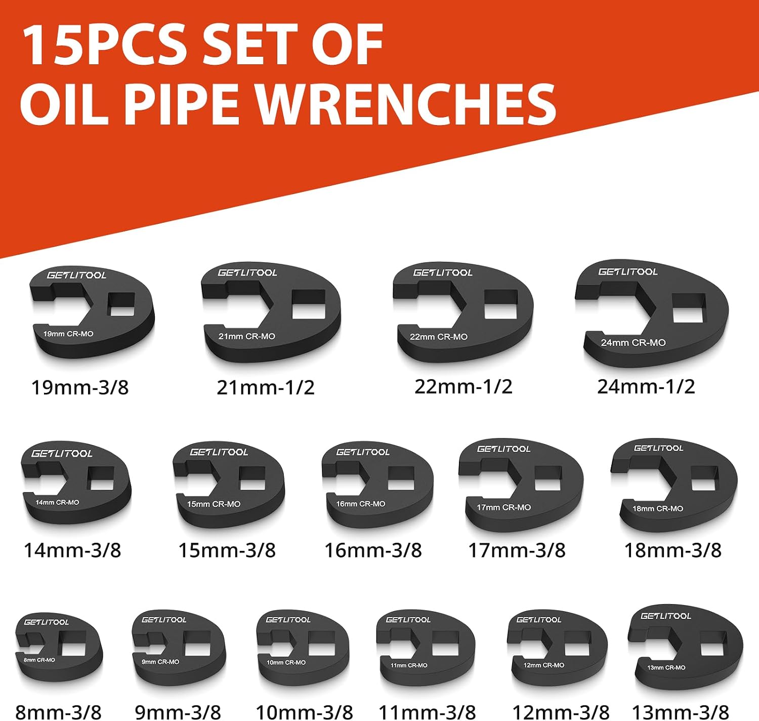 Detalle 2 de GETLITOOL GET092-EU-A crowfoot-steeksleutelset, 15-delig, Cr-Mo, 8–24 mm