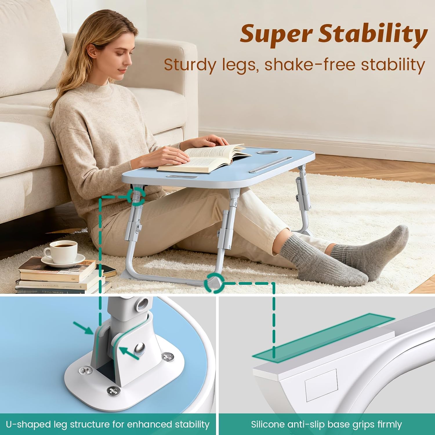 Detalle de MeisterPro Laptop Table Height Adjustable, Foldable Bed Desk with Cup Holder & Phone Slot