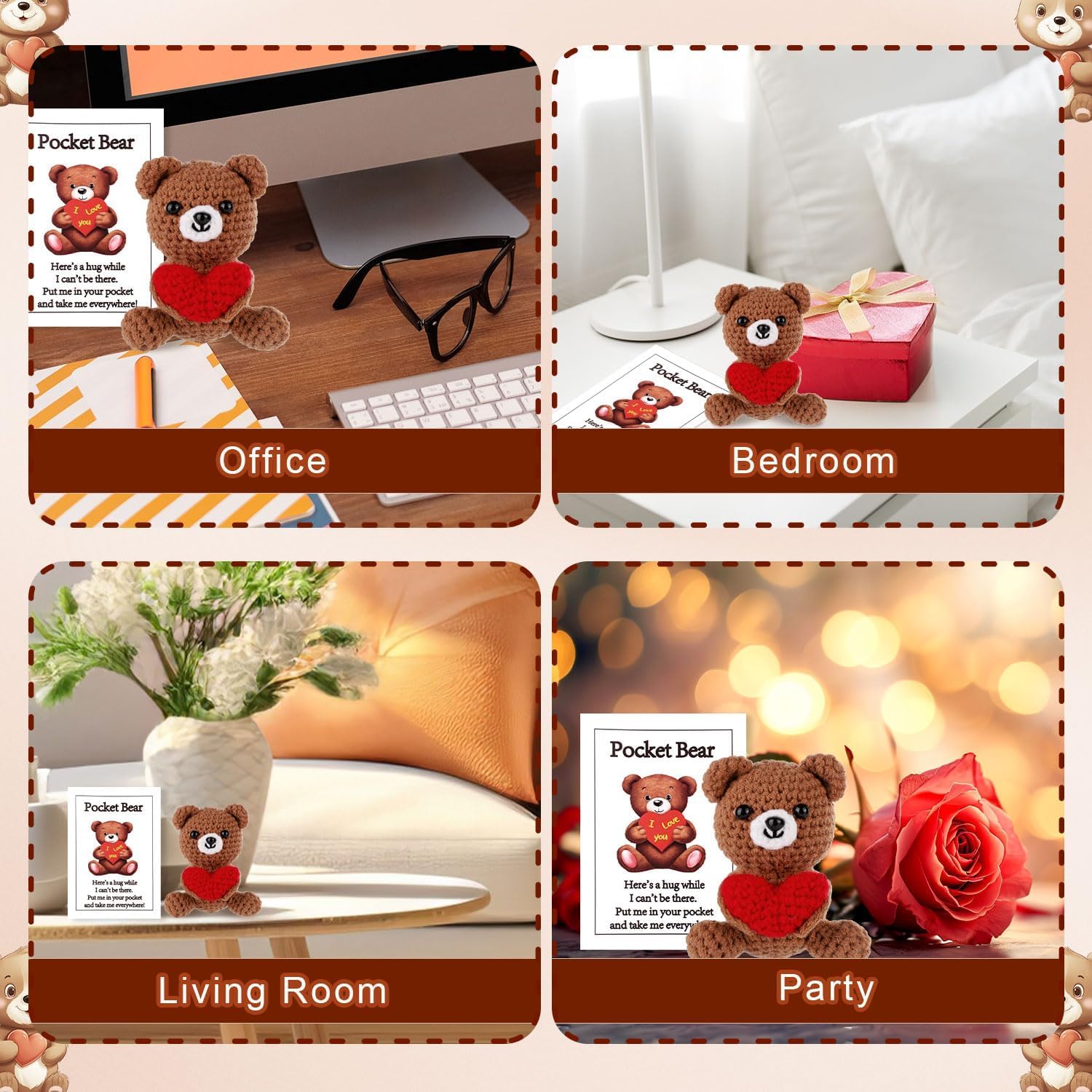 Detalle de ALUNME Positive Bear with Love Heart: Handmade crochet plush with a comforting hug