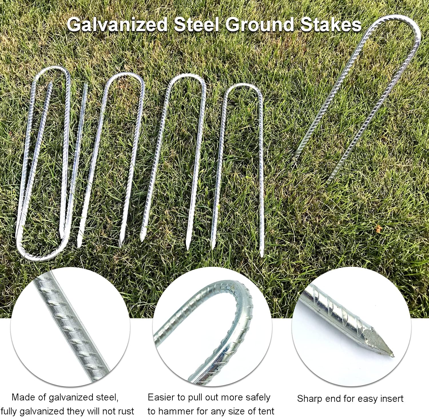 Detalle de Tent Pegs Metal Heavy Duty 30cm Rebar Stakes Ground Anchor Kit (6 Pack) for Trampolines, Swings & Football Goals