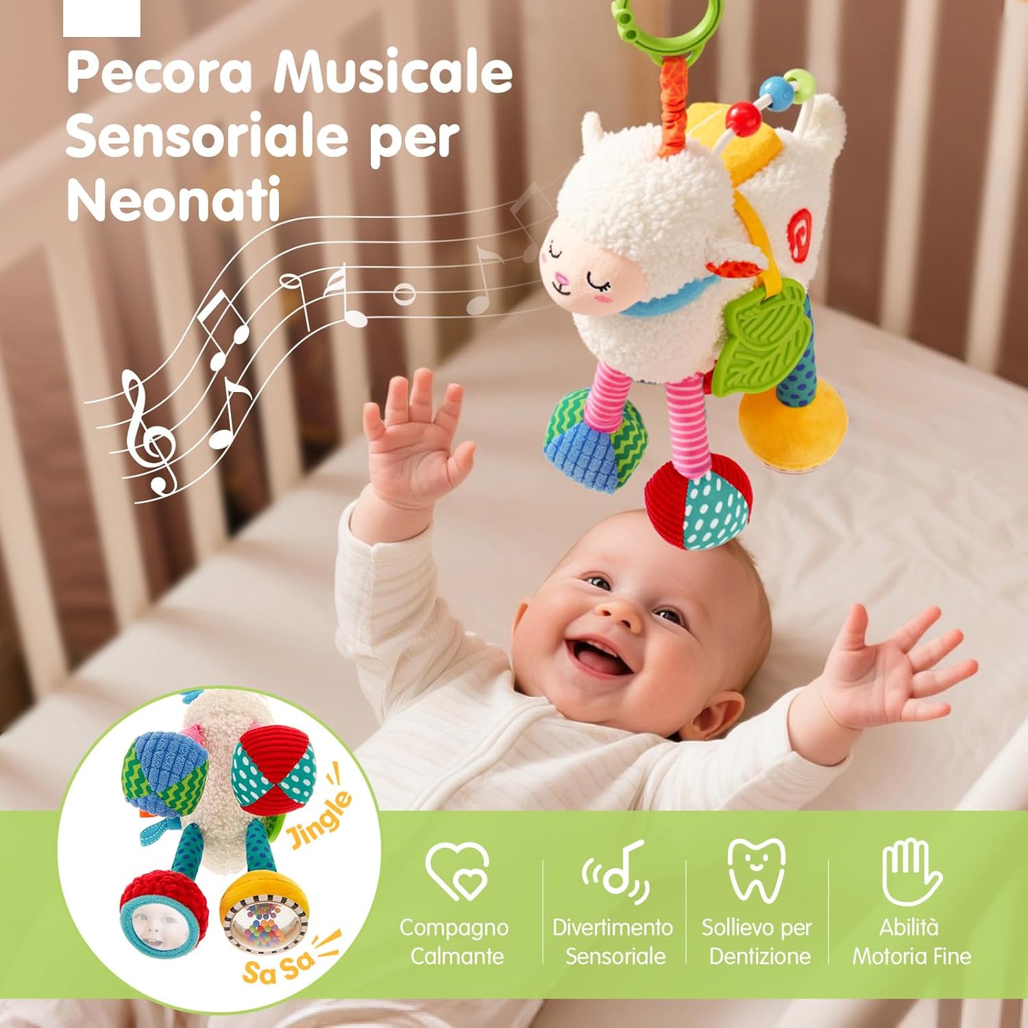 Thumbnail 1 de Hahaland Giochi Neonato 0-3 Mesi con 4 Brani Musicali, Sonaglio e Specchio a Pecora