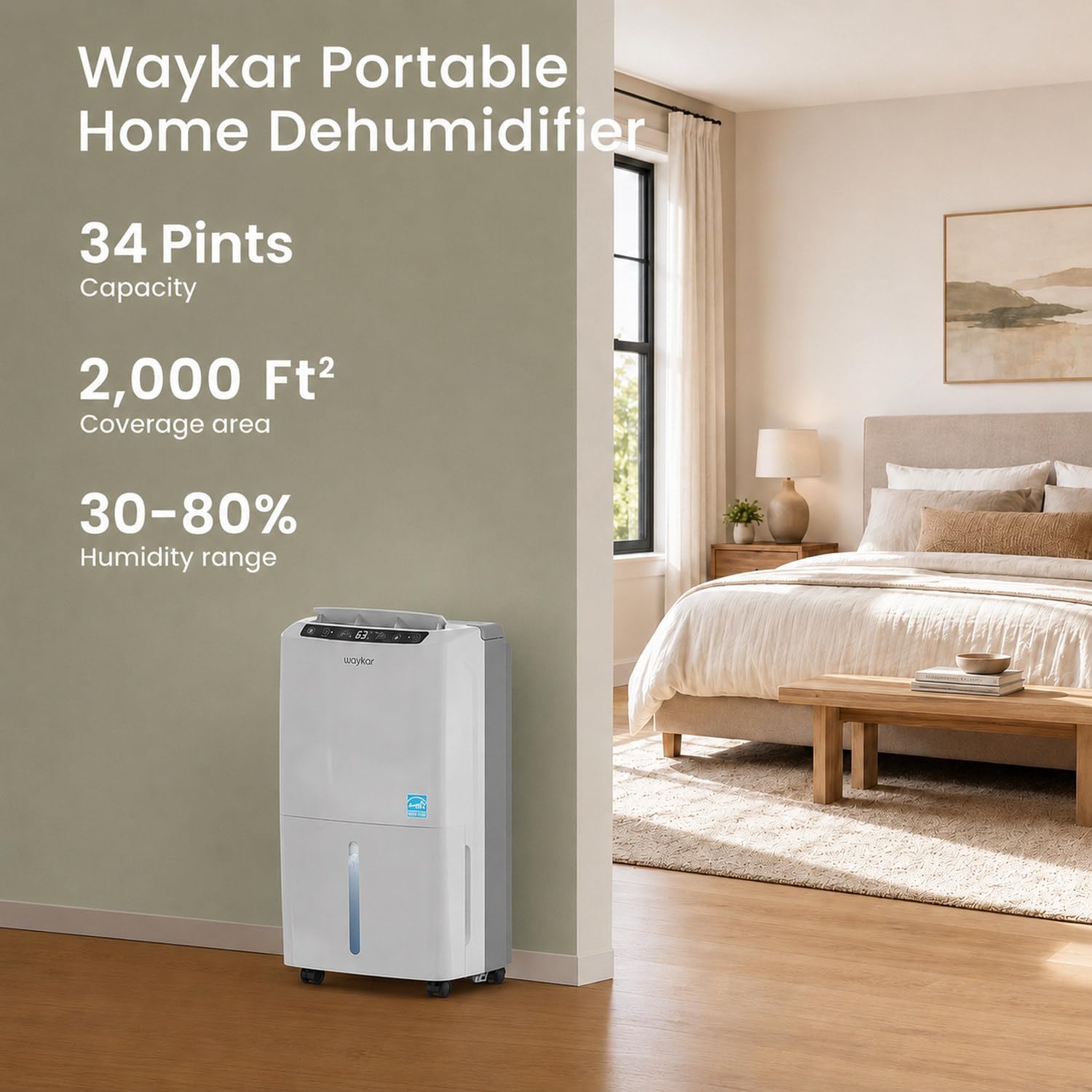 Detalle 2 de Waykar PD160B-PRO-CA-X1 34-Pint Dehumidifier, 2,000 sq. ft., ENERGY STAR
