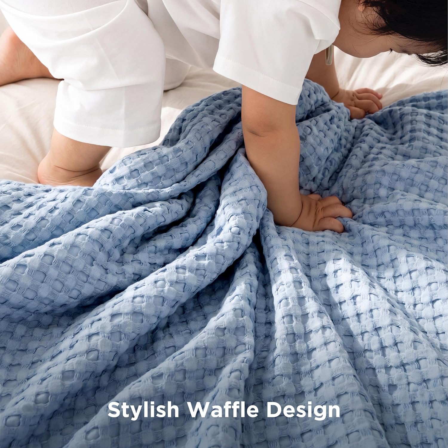 Detalle de Bedsure Cooling Waffle Blanket, King, Sky Blue, Cotton and Bamboo-Derived Rayon