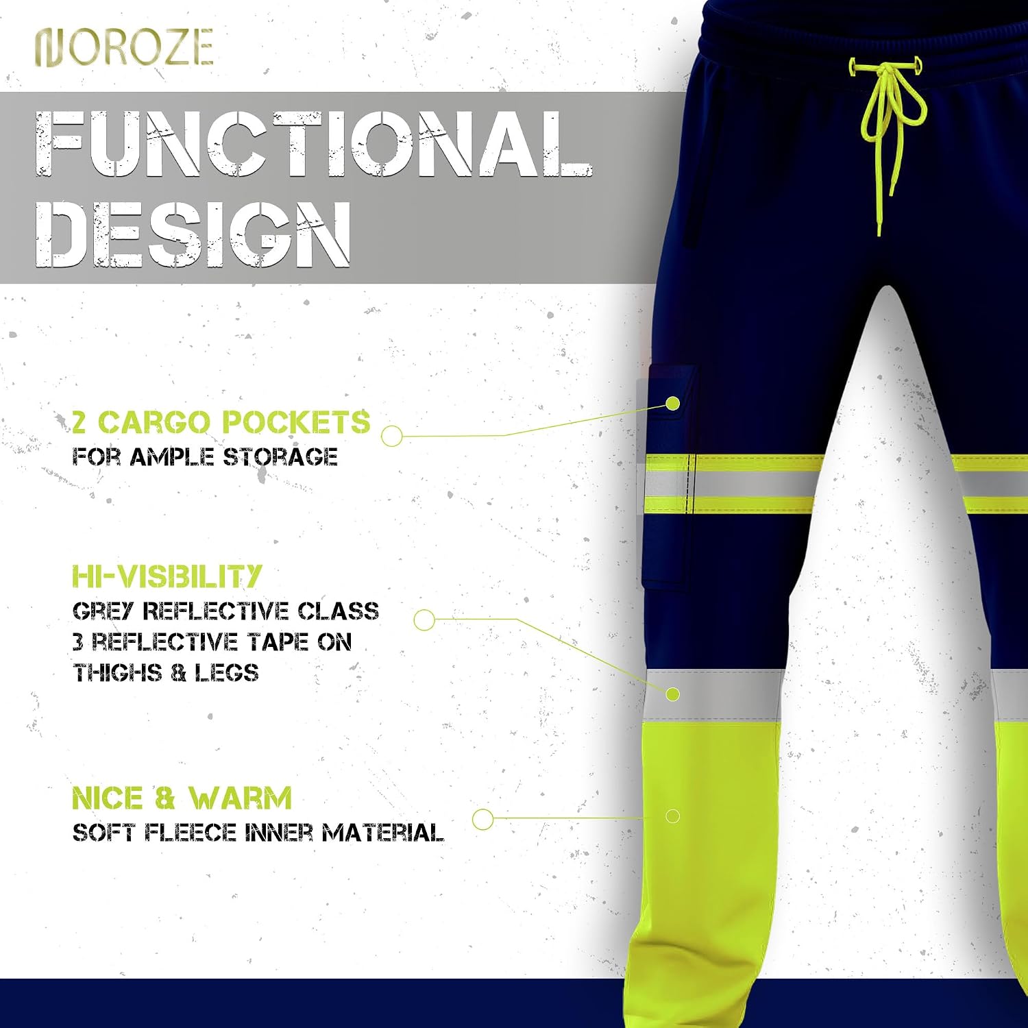 Detalle 2 de NOROZE Mens Hi Vis Trousers: Reflective Safety Workwear with Practical Pockets