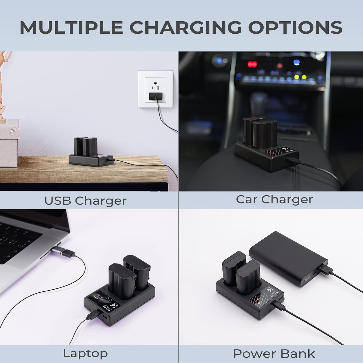Detalle de K&F CONCEPT EN-EL15 Dual Slot Fast Charger (EN-EL15/EN-EL15a/EN-EL15b) with USB-C and Micro USB cable