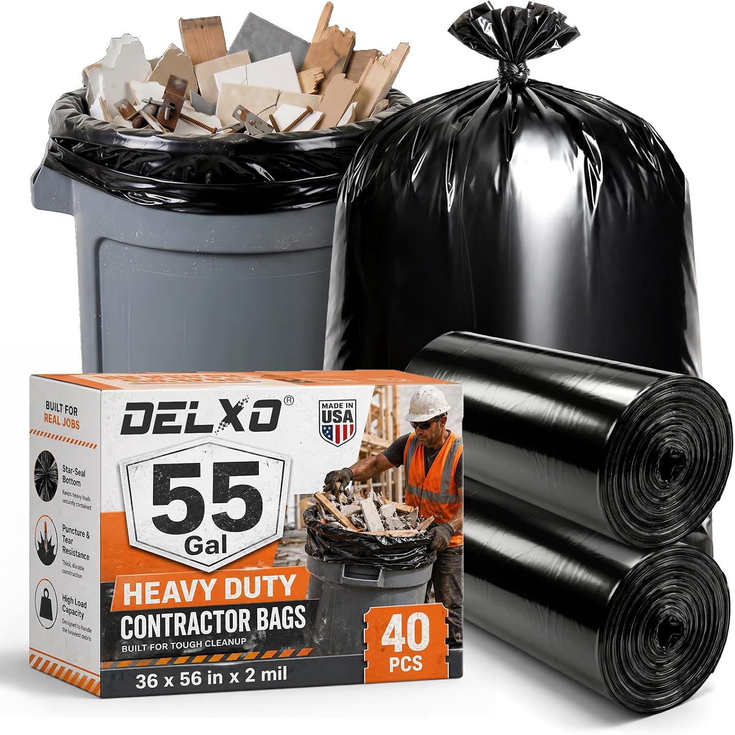 Detalle de Delxo 55–60 Gallon Contractor Garbage Bags, 2 Mil, 36 x 56 Inches, 40 Count