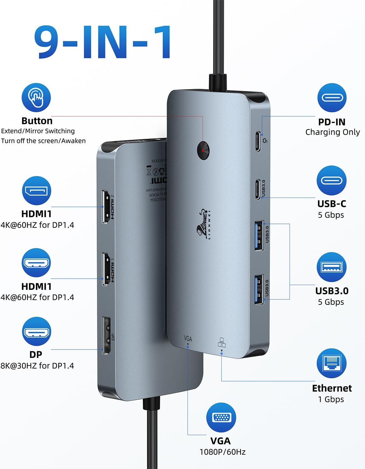 Detalle 2 de LIONWEI 9-in-1 USB-C Docking Station with Dual 4K HDMI, DP, VGA and 100W PD