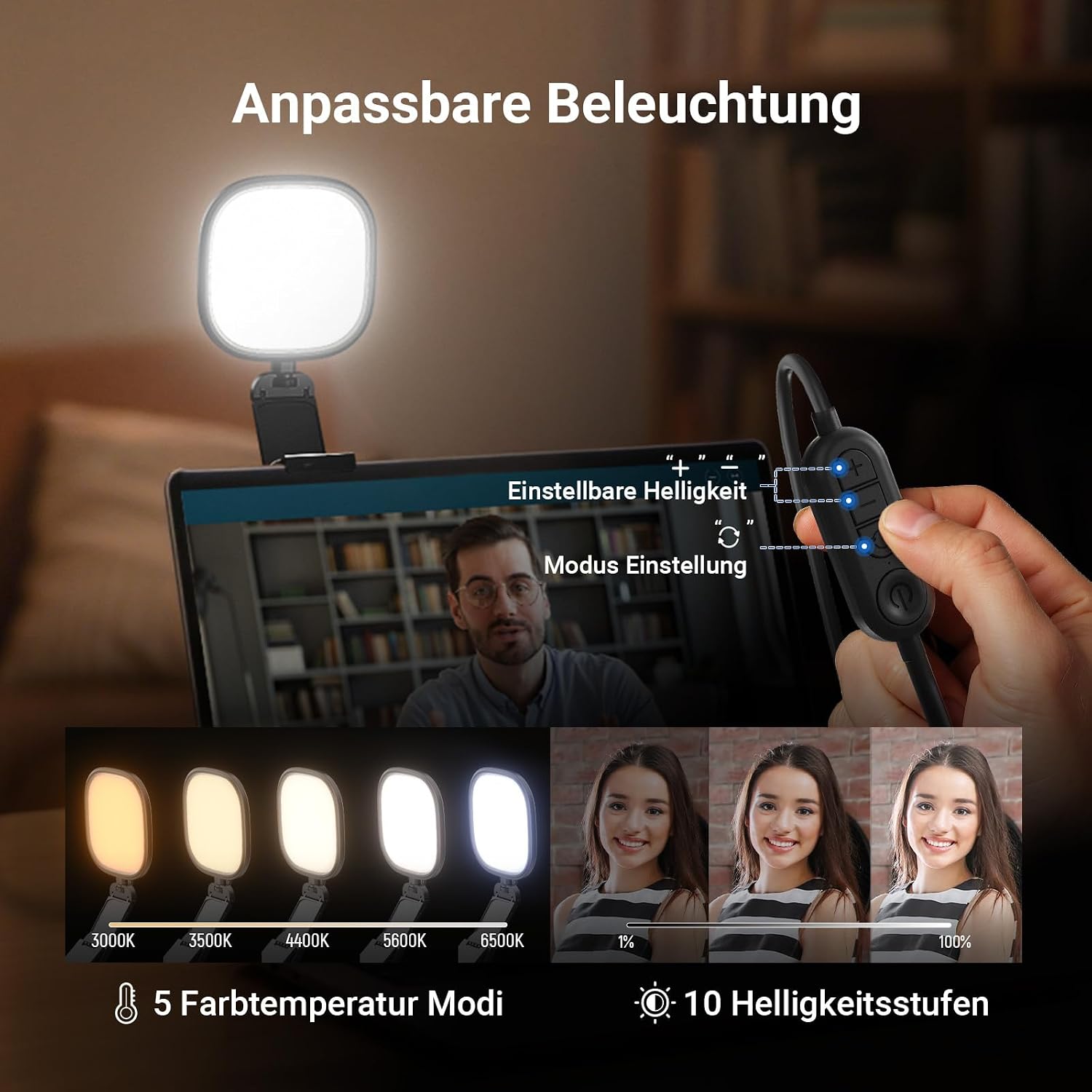Detalle de NEEWER Basics NL10: 5-Zoll Monitorleuchte mit Ständer – kompakte Beleuchtung für Videokonferenzen