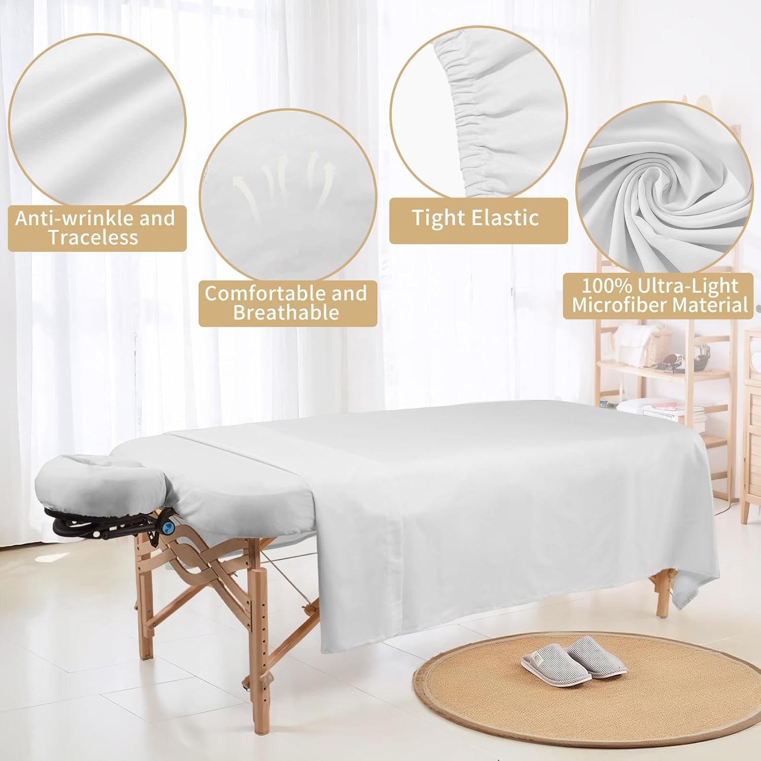 Detalle de 4 Sets Premium Microfiber Massage Table Sheets Set (3 Piece) – Includes Massage Table Cover, Fitted Sheet, and Fitted Face Rest Cover, White