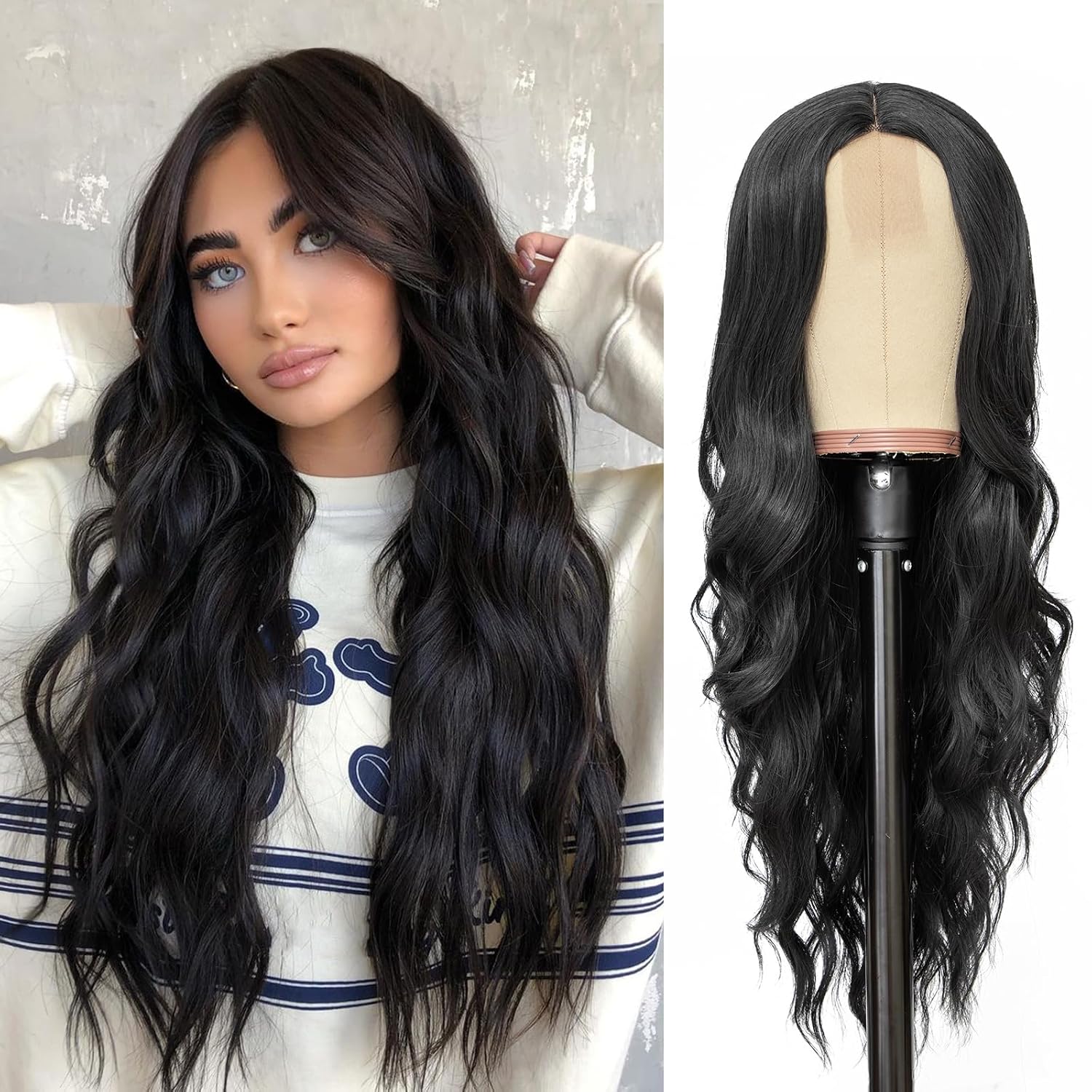 Detalle de NAYOO 229219 26-Inch Long Wavy Black Synthetic Wig with Middle Part
