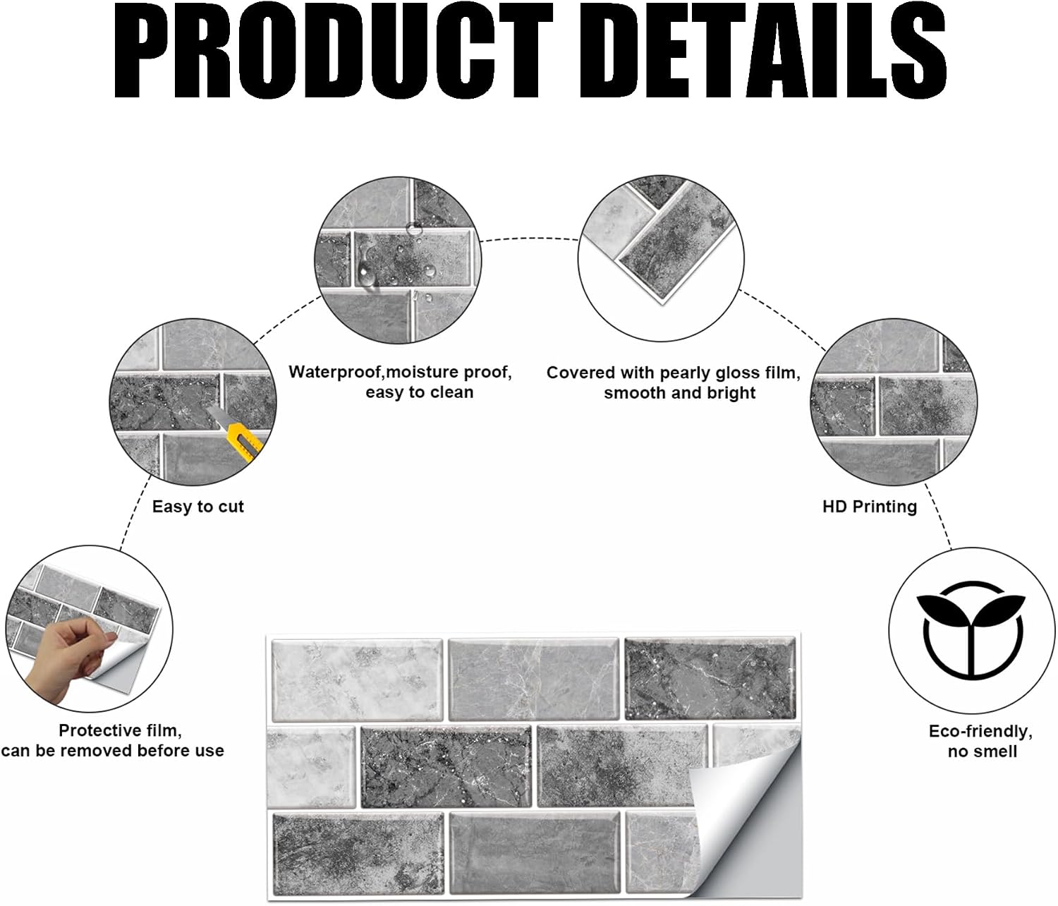 Detalle de 24 Sheets Grey Tile Stickers - Peel-and-Stick Vinyl Backsplash Tiles for Kitchen & Bathroom