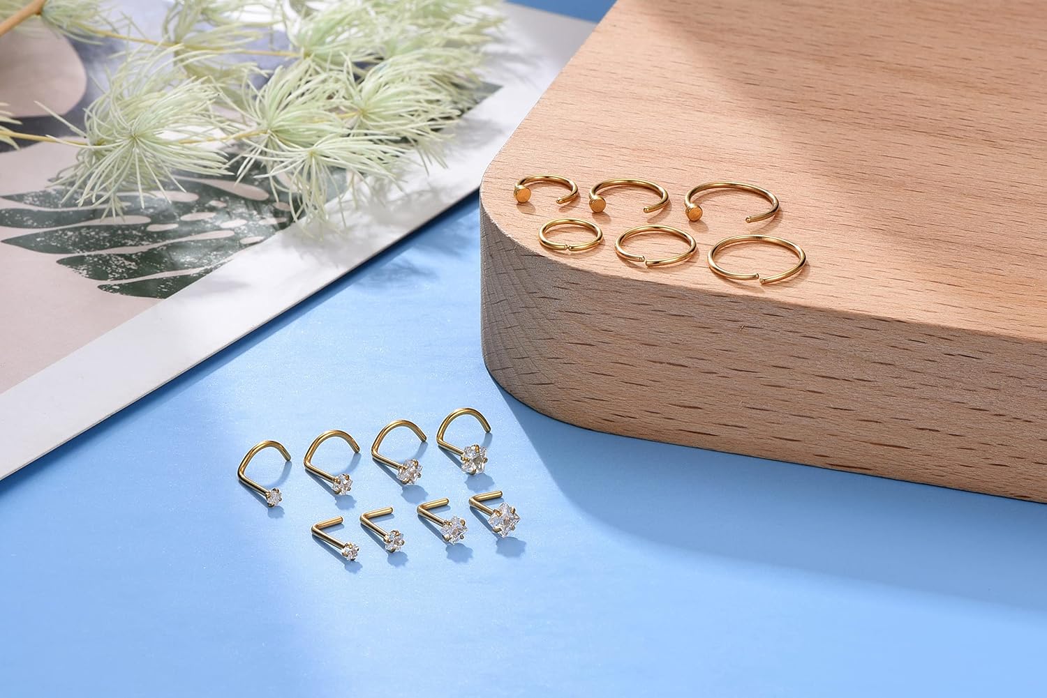 Detalle de PiercingJak 14er Nasenpiercing Set Gold Edelstahl – 0,8 mm / 6–10 mm Innendurchmesser